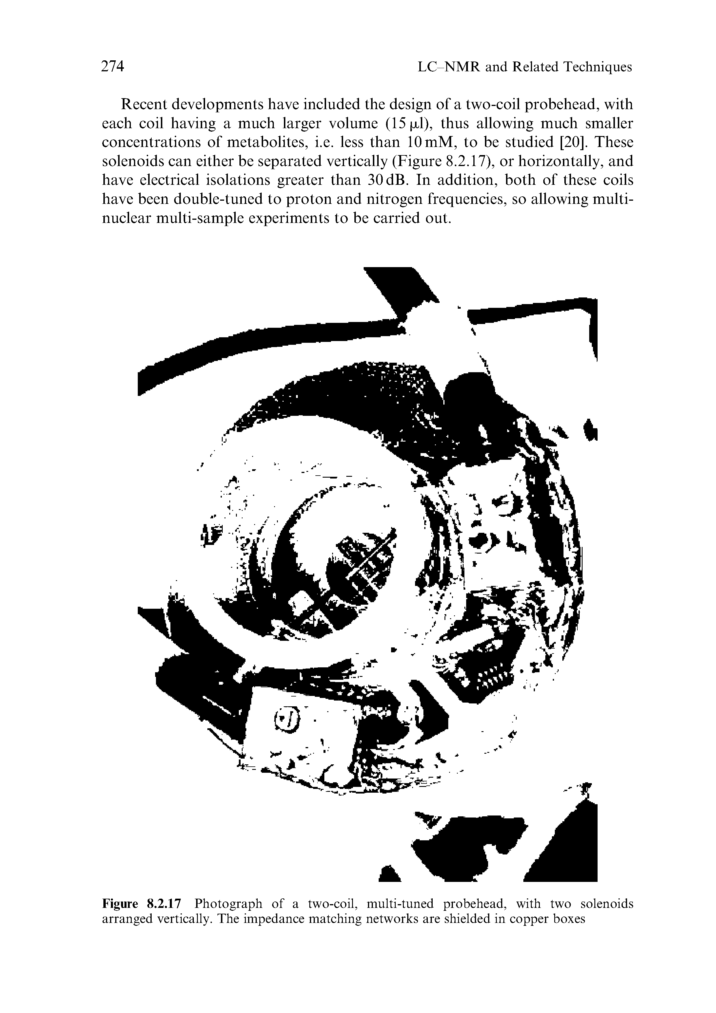 Figure 8.2.17 Photograph of a two-coil, multi-tuned probehead, with two solenoids arranged vertically. The impedance matching networks are shielded in copper boxes...