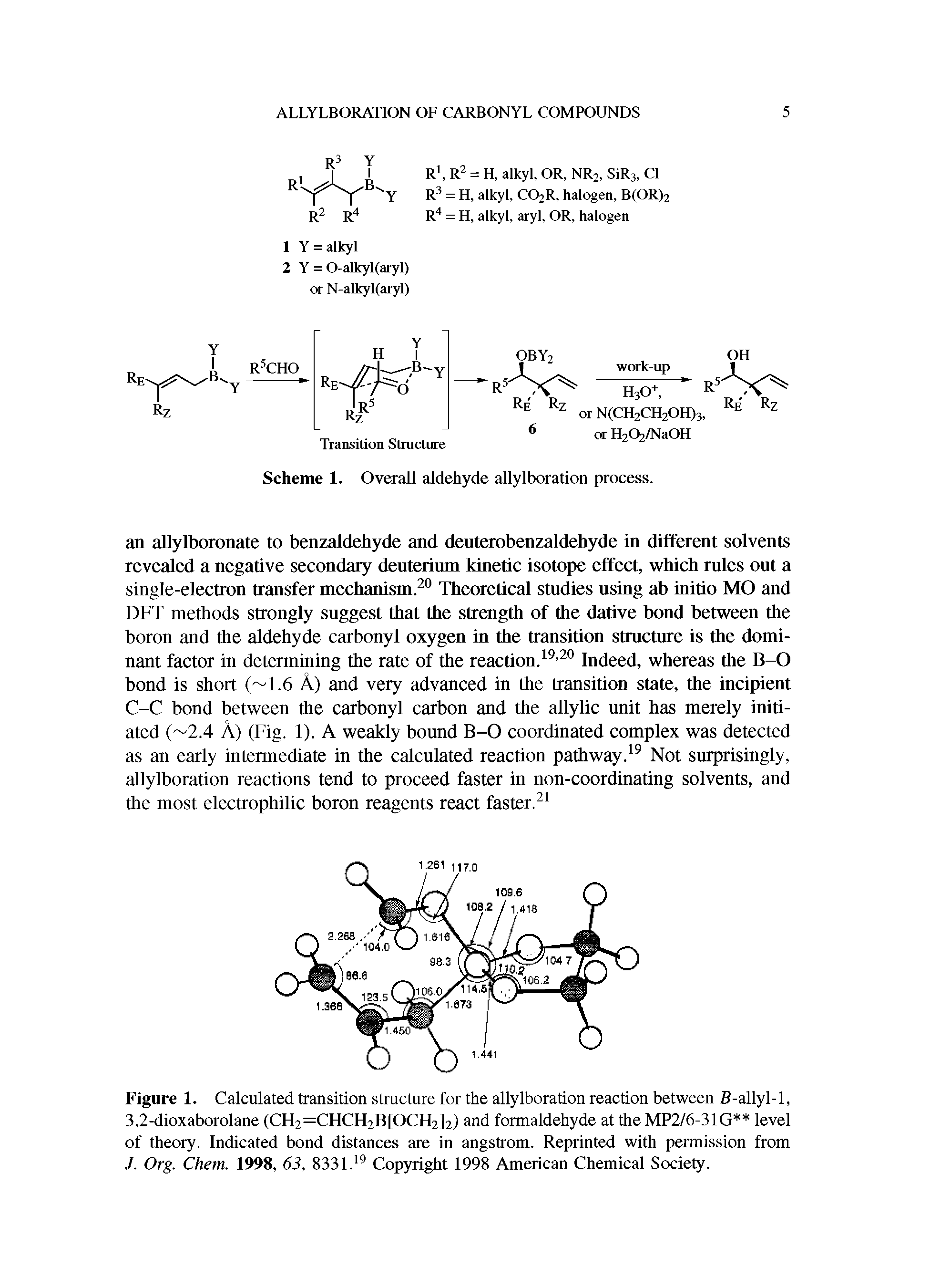 Figure 1. Calculated transition structure for the allylboration reaction between 5-allyl-l, 3,2-dioxaborolane (CH2=CHCH2B[OCH2]2) and formaldehyde at the MP2/6-31G level of theory. Indicated bond distances are in angstrom. Reprinted with permission from J. Org. Chem. 1998, 63, 8331. Copyright 1998 American Chemical Society.