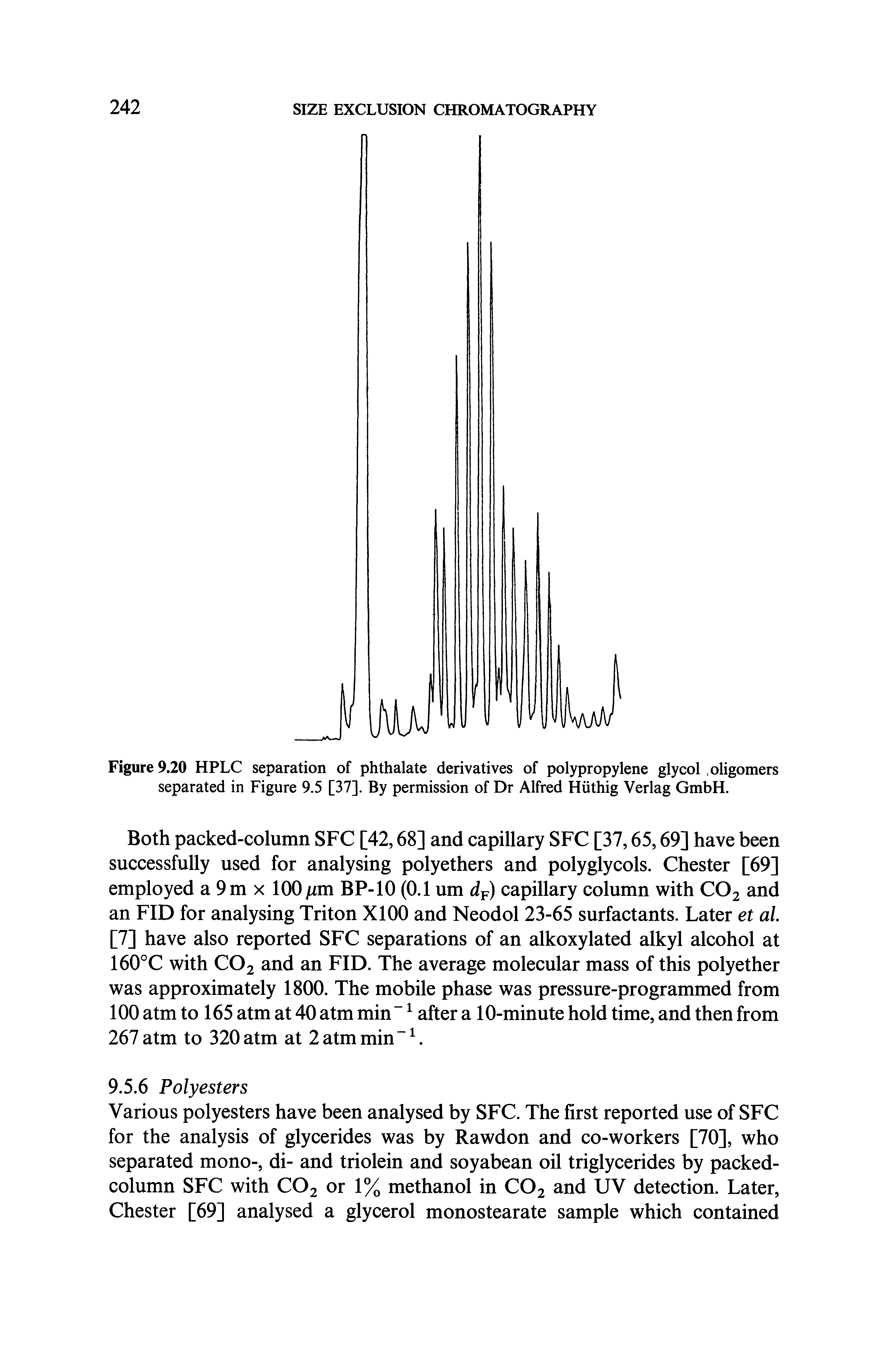 Figure 9.20 HPLC separation of phthalate derivatives of polypropylene glycol. oligomers separated in Figure 9.5 [37]. By permission of Dr Alfred Hiithig Verlag GmbH.
