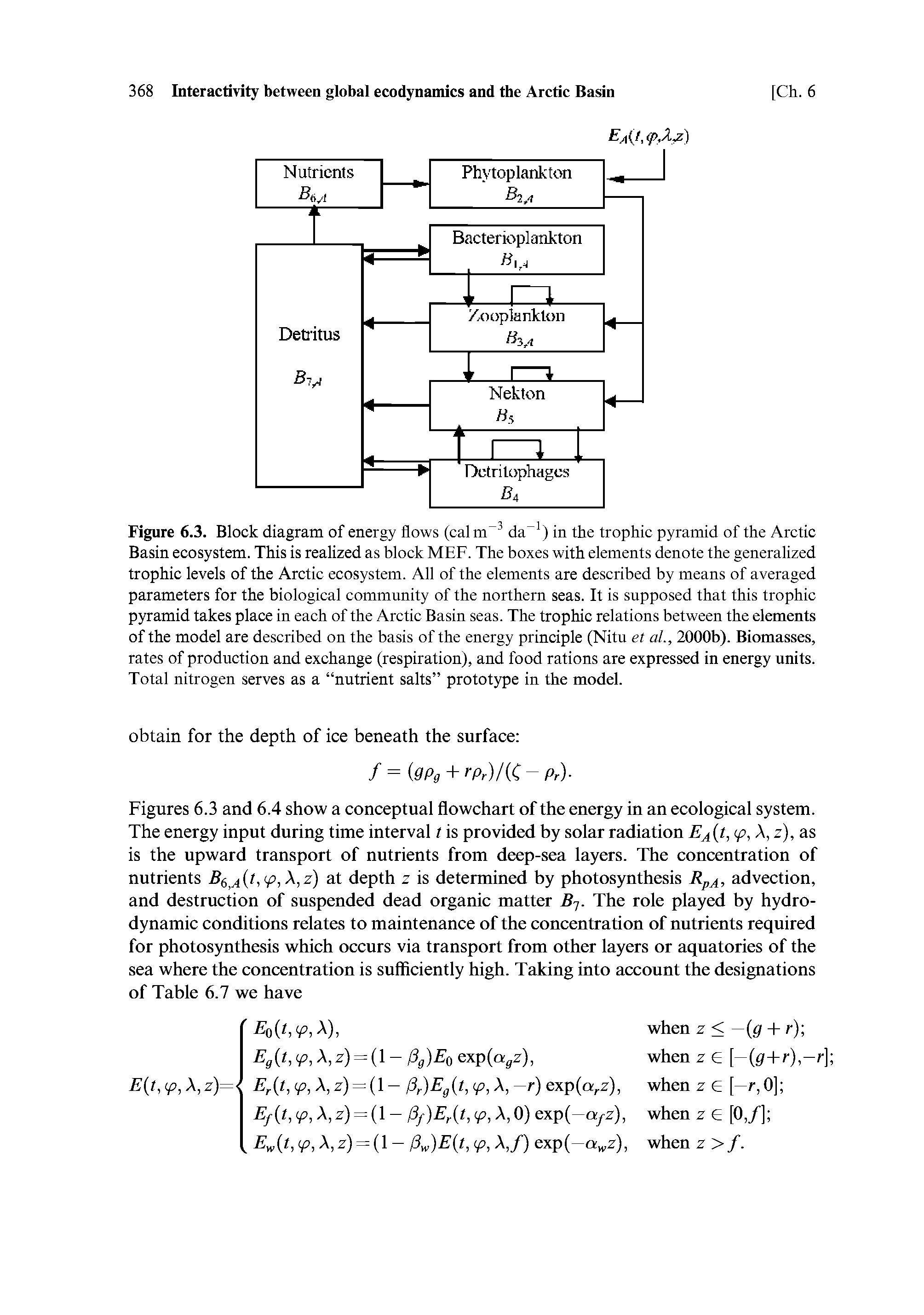 Figures 6.3 and 6.4 show a conceptual flowchart of the energy in an ecological system. The energy input during time interval t is provided by solar radiation EA(t, ip, A, z), as is the upward transport of nutrients from deep-sea layers. The concentration of nutrients B6A(t,ip, A,z) at depth z is determined by photosynthesis RpA, advection, and destruction of suspended dead organic matter B-j. The role played by hydro-dynamic conditions relates to maintenance of the concentration of nutrients required for photosynthesis which occurs via transport from other layers or aquatories of the sea where the concentration is sufficiently high. Taking into account the designations of Table 6.7 we have...