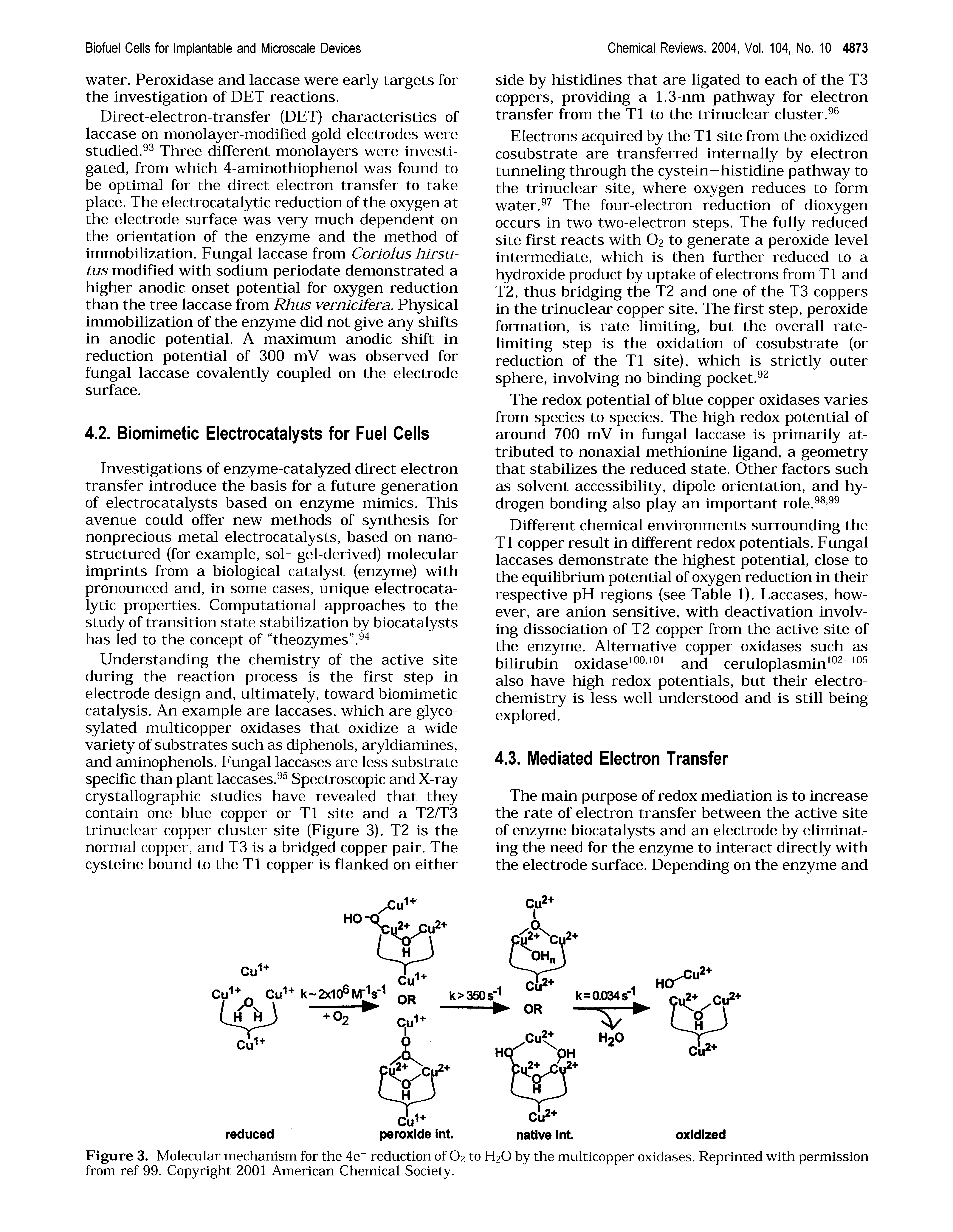 Figure 3. Molecular mechanism for the 4e reduction of O2 to H2O by the multicopper oxidases. Reprinted with permission from ref 99. Copyright 2001 American Chemical Society.