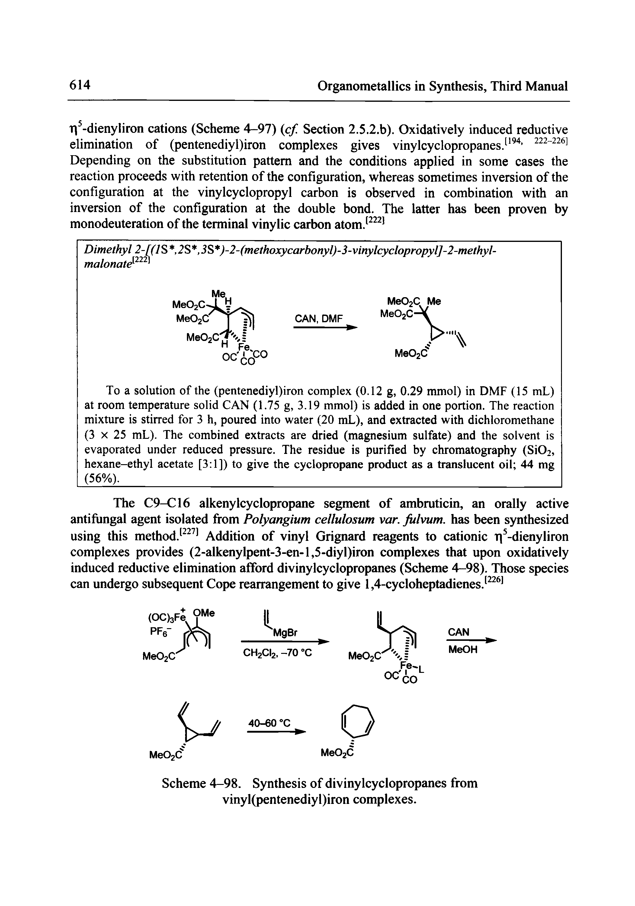 Scheme 4-98. Synthesis of divinylcyclopropanes from vinyl(pentenediyl)iron complexes.