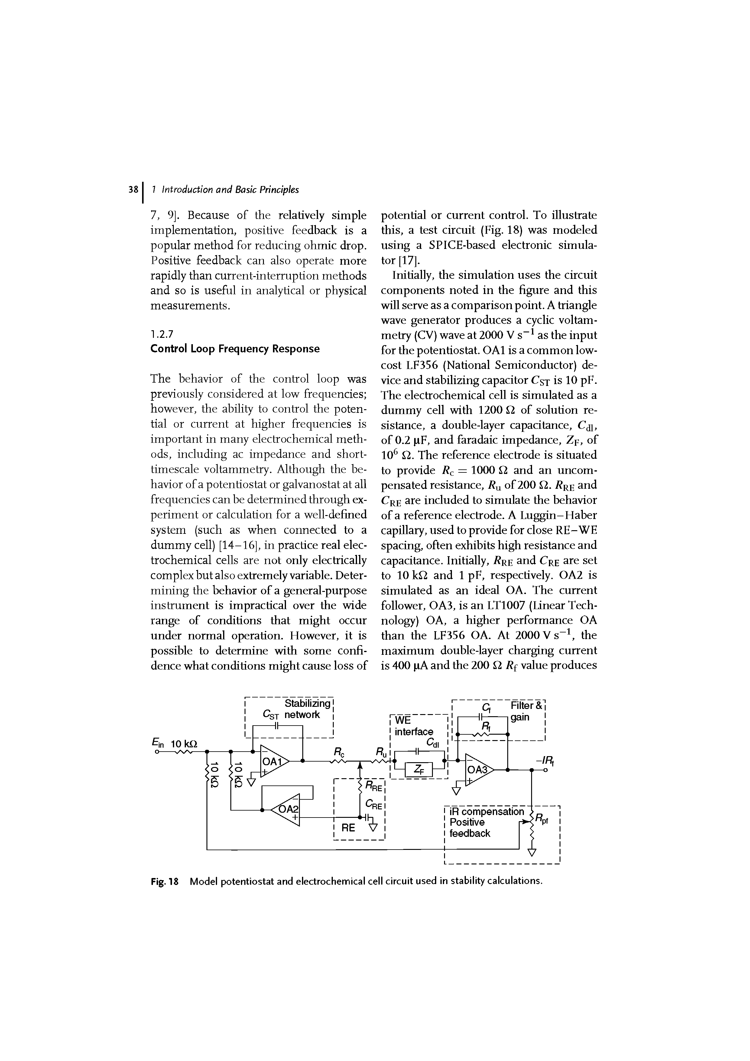 Fig. 18 Model potentiostat and electrochemical cell circuit used in stability calculations.