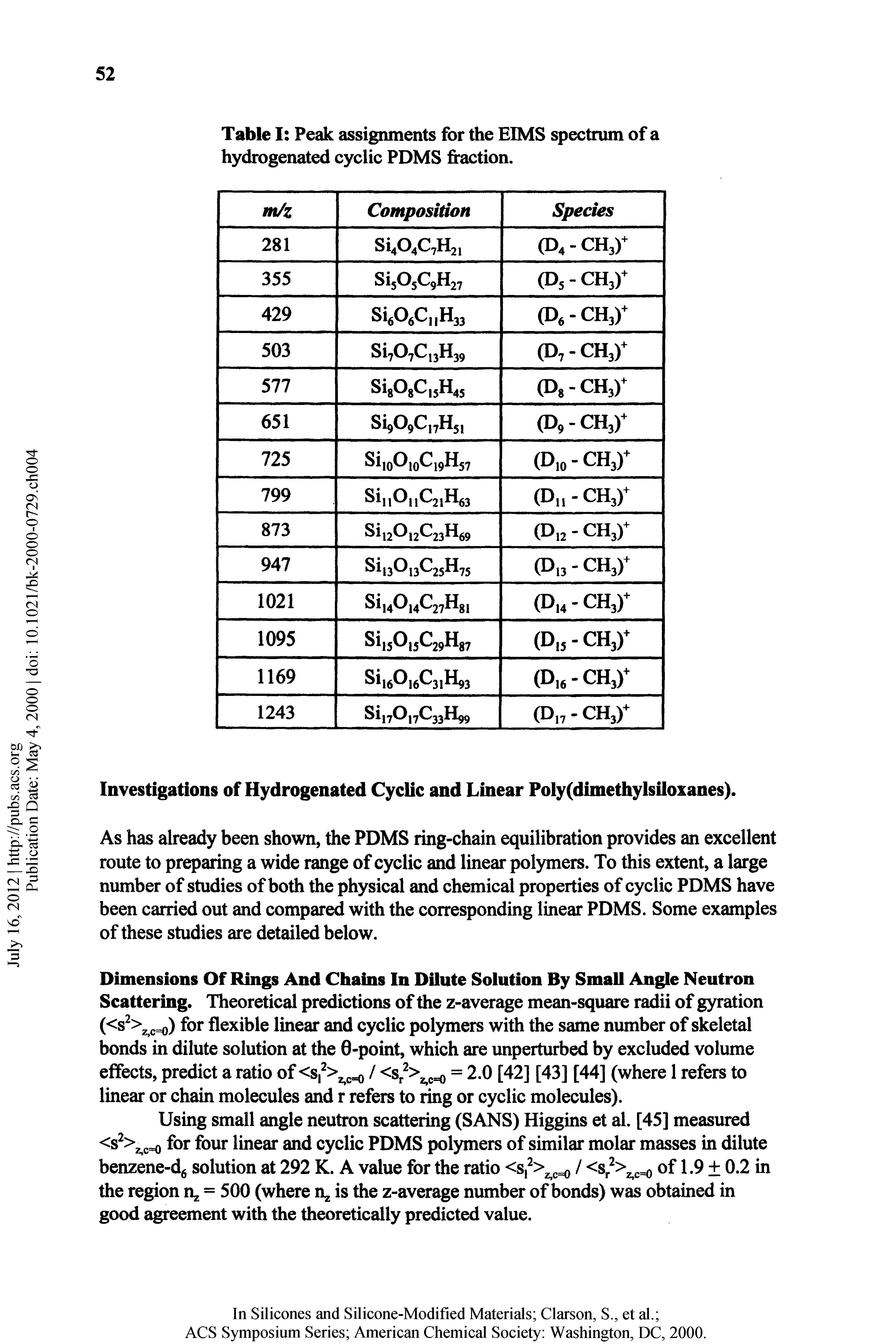 Table I Peak assignments for the EIMS spectrum of a hydrogenated cyclic PDMS fraction. ...