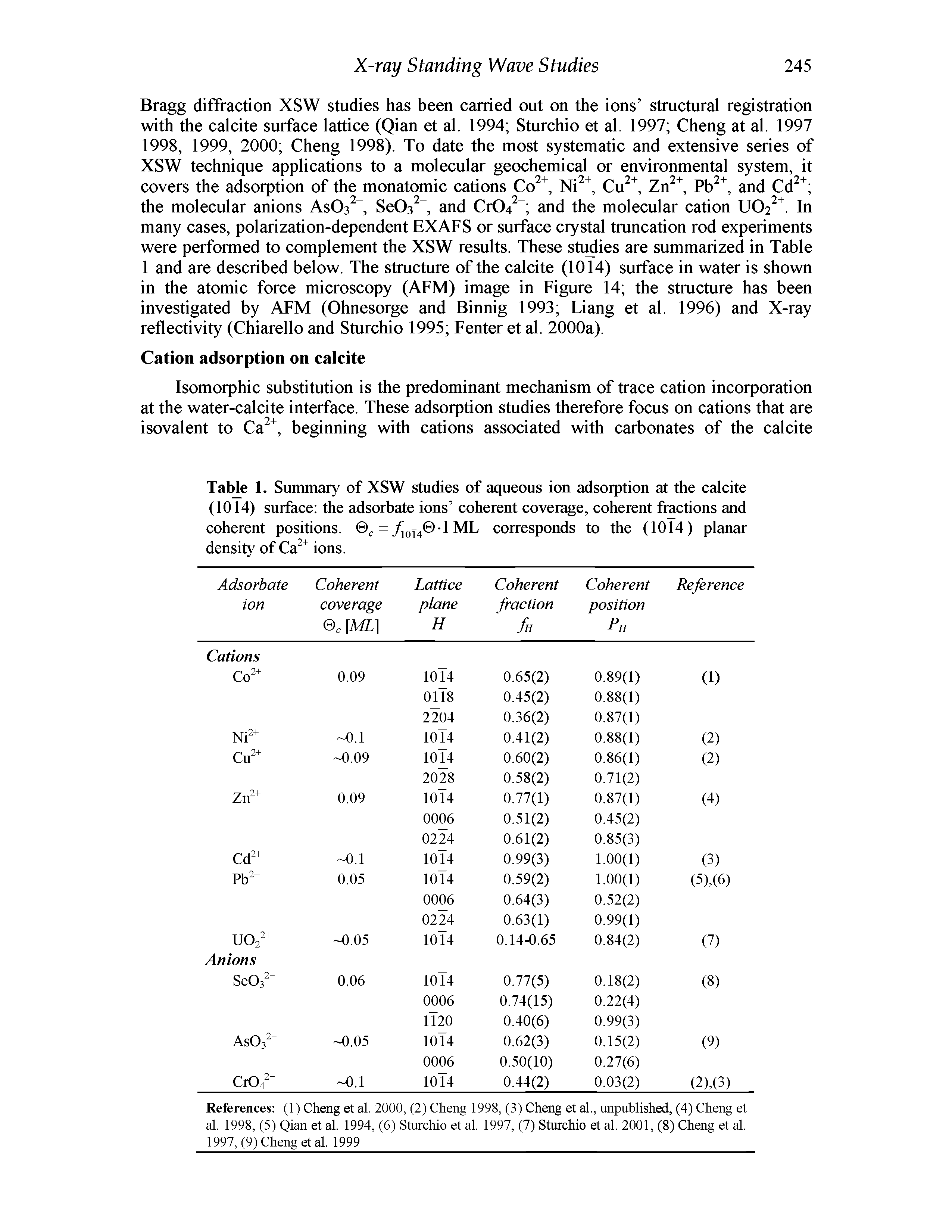 Table 1. Summary of XSW studies of aqueous ion adsorption at the calcite (1014) surface the adsorbate ions coherent coverage, coherent fractions and coherent positions. c =yjoT40-lML corresponds to the (1014) planar density of Ca2+ ions.