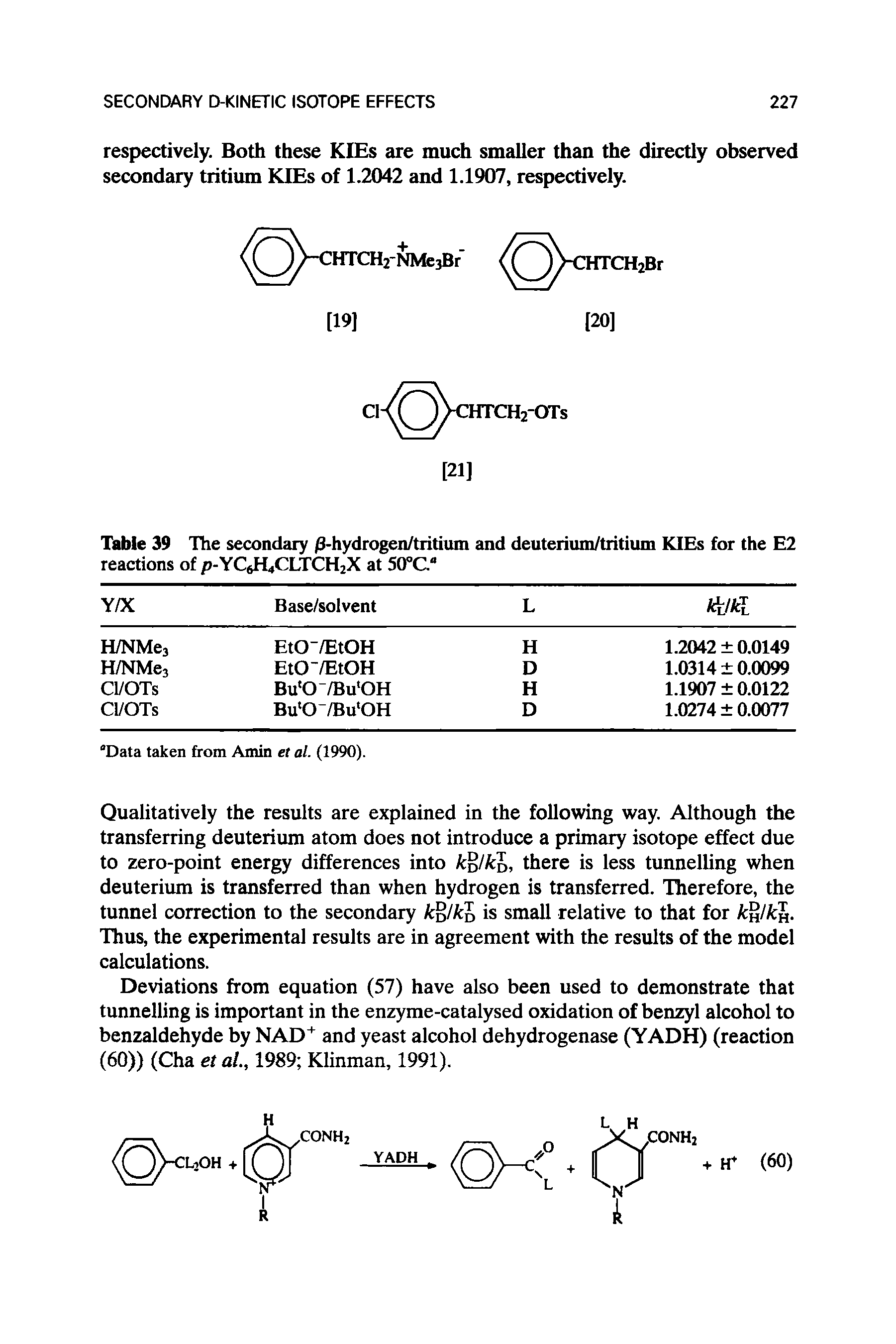 Table 39 The secondary /3-hydrogen/tritium and deuterium/tritium KIEs for the E2 reactions of p-YC CLTCHjX at 50°Ca...