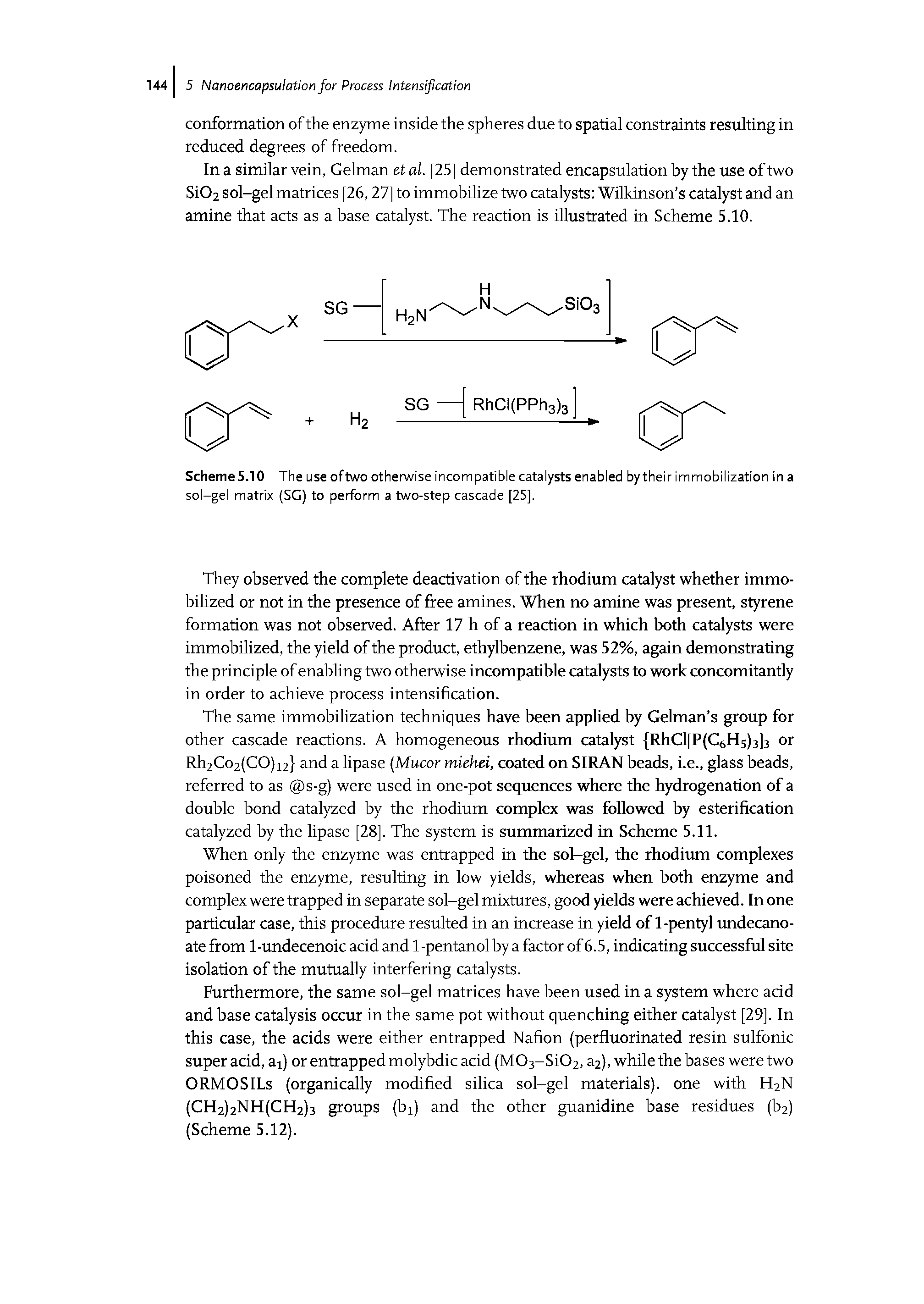 Scheme 5.10 The use oftwo otherwise incompatible catalysts enabled by their immobilization in a sol-gel matrix (SC) to perform a two-step cascade [25],...