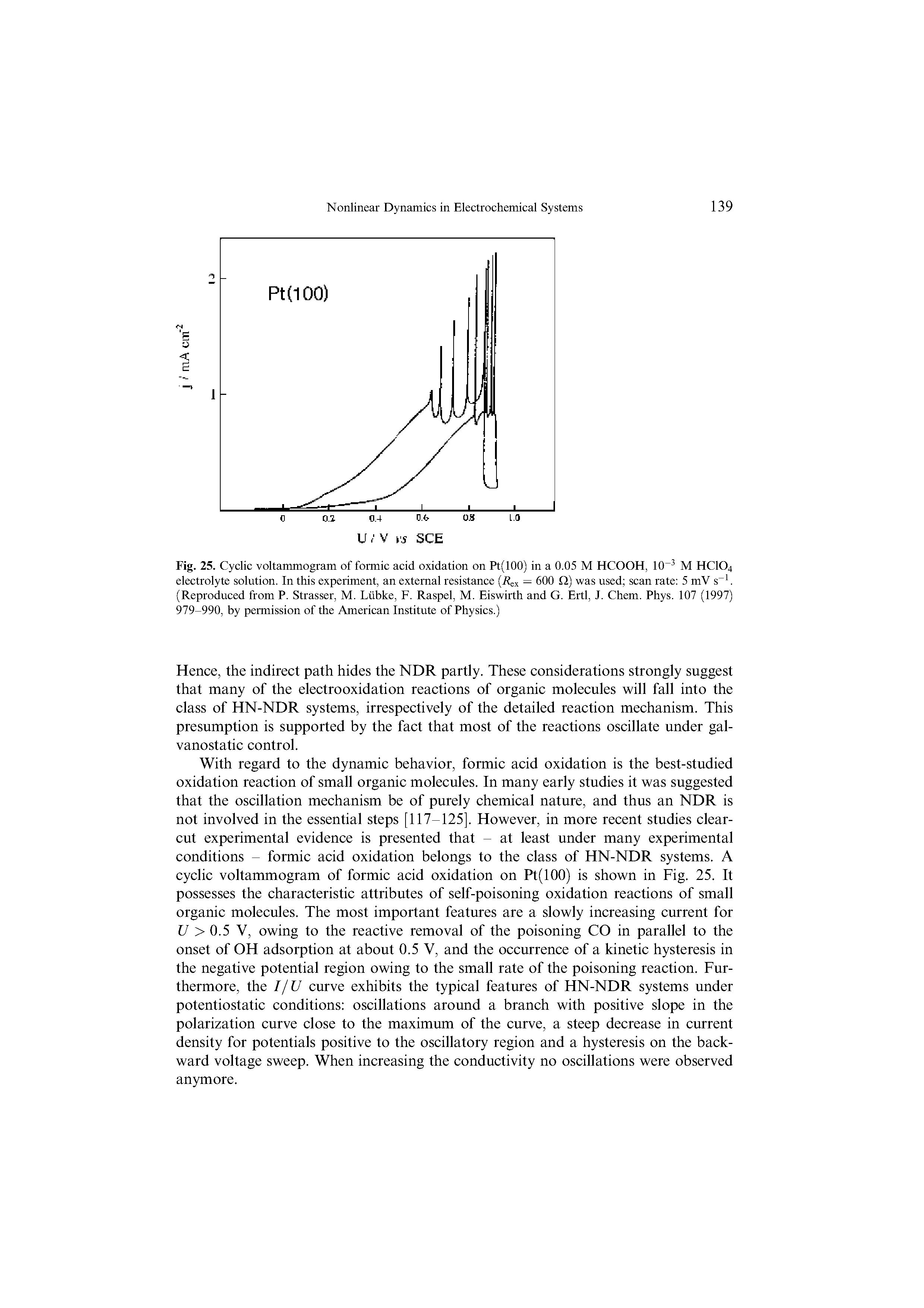 Fig. 25. Cyclic voltammogram of formic acid oxidation on Pt(100) in a 0.05 M HCOOH, 10-3 M HC104 electrolyte solution. In this experiment, an external resistance (i x = 600 Q) was used scan rate 5 mV s-1. (Reproduced from P. Strasser, M. Liibke, F. Raspel, M. Eiswirth and G. Ertl, J. Chem. Phys. 107 (1997) 979-990, by permission of the American Institute of Physics.)...