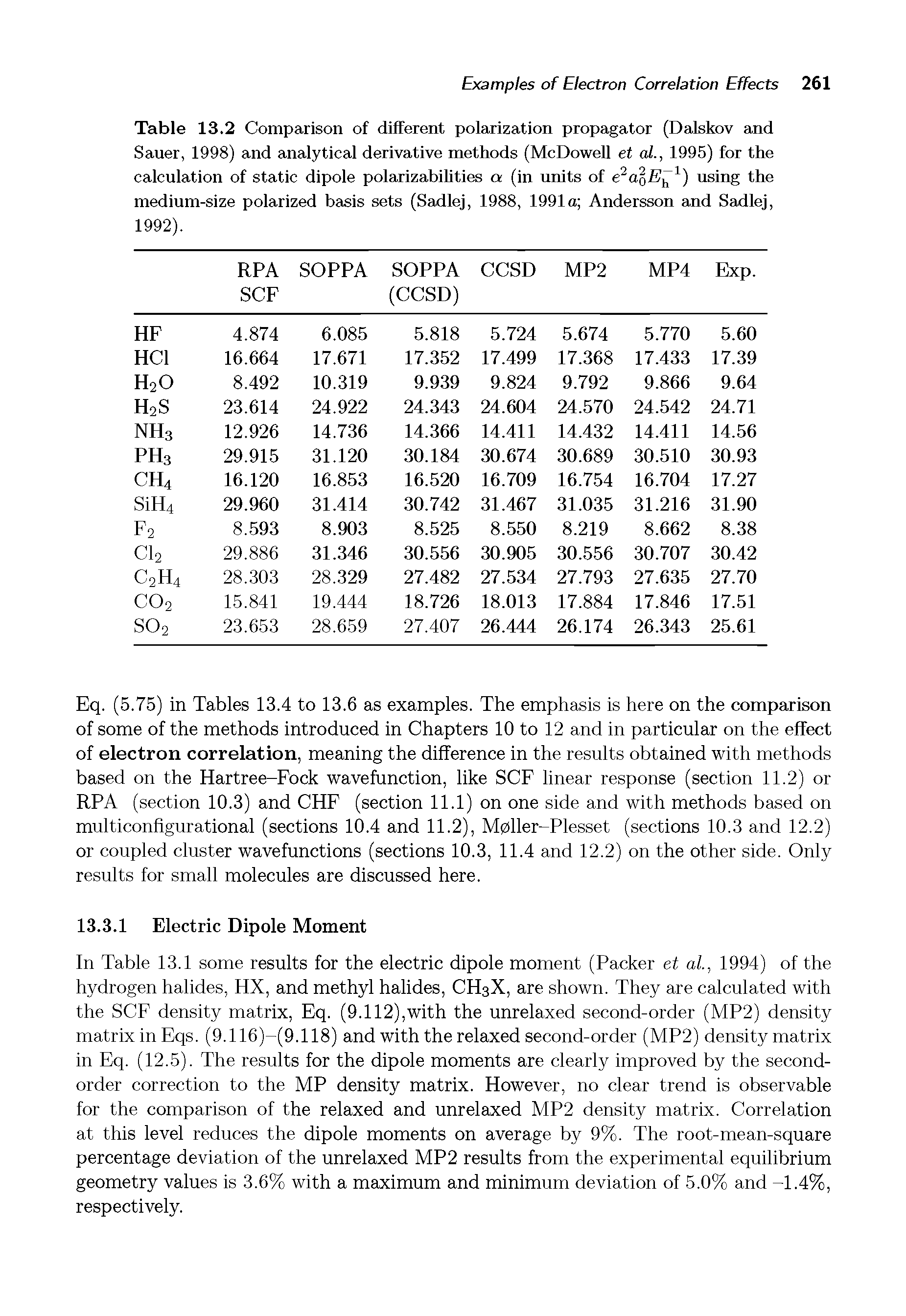 Table 13.2 Comparison of different polarization propagator (Dalskov and Sauer, 1998) and analytical derivative methods (McDowell et al., 1995) for the calculation of static dipole polarizabihties a (in units of e aoE ) using the medium-size polarized basis sets (Sadlej, 1988, 1991a Andersson and Sadlej,...