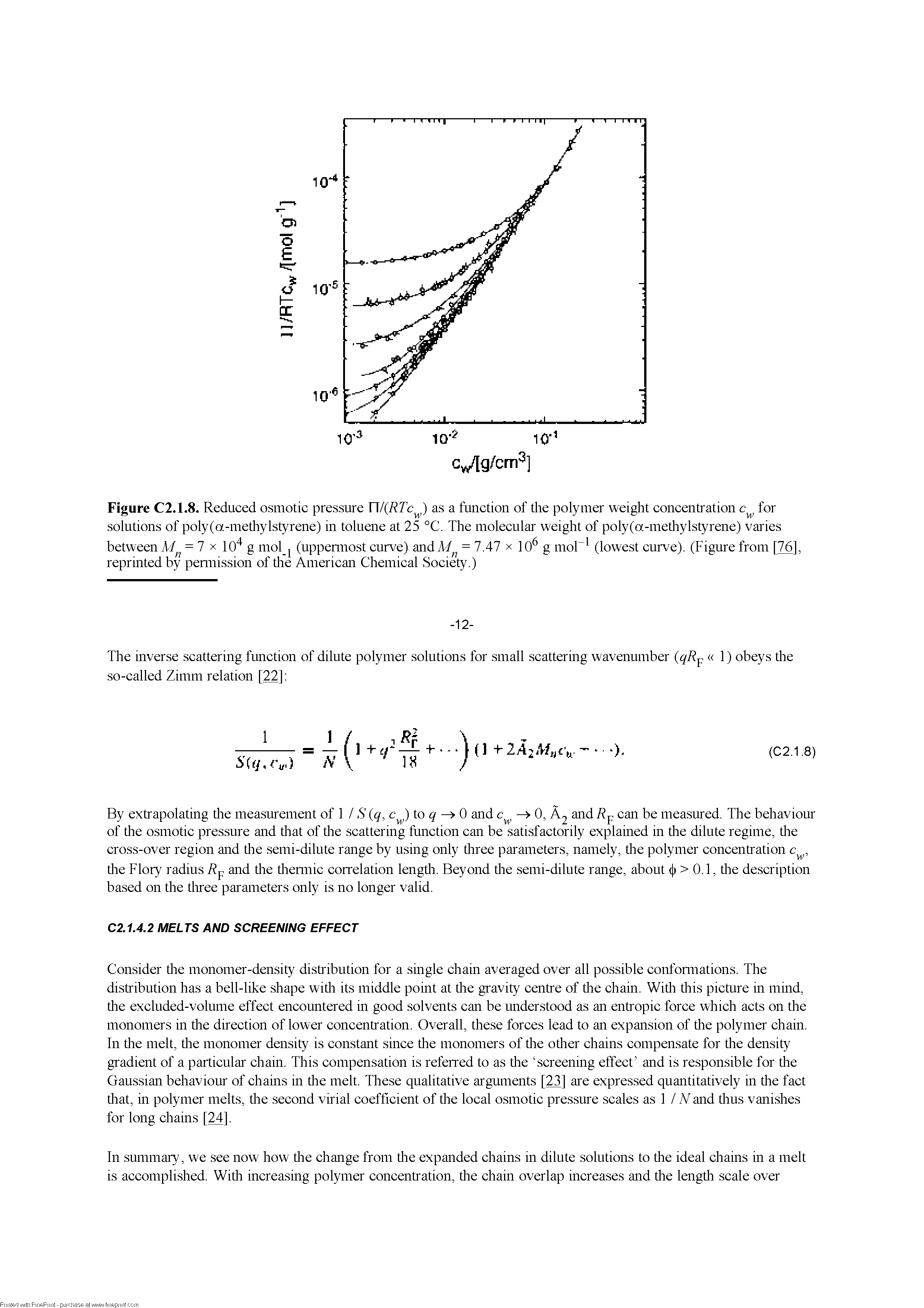 Figure C2.1.8. Reduced osmotic pressure V l(RTc as a function of the polymer weight concentration for solutions of poly(a-metliylstyrene) in toluene at 25 °C. The molecular weight of poly(a-metliylstyrene) varies...