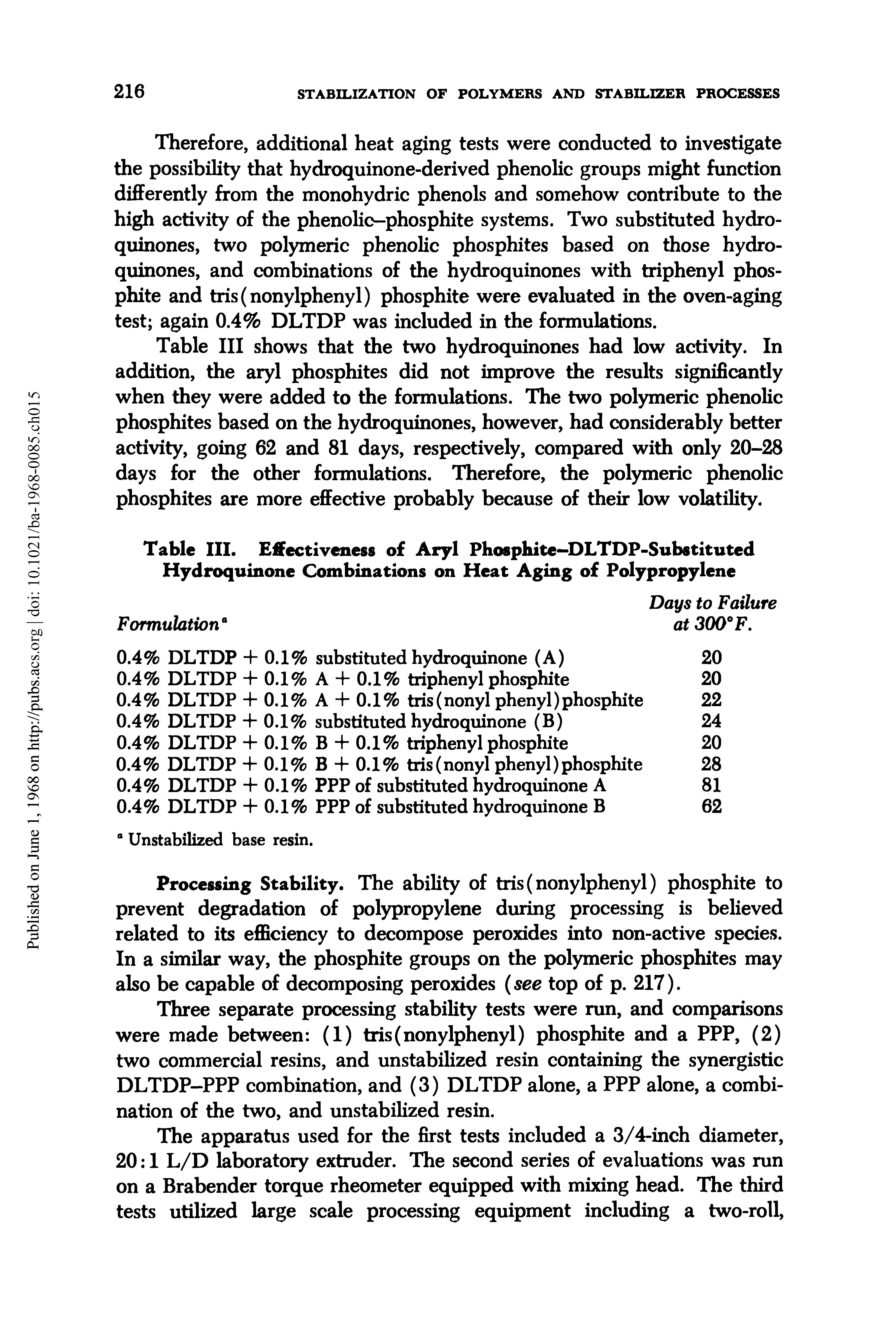 Table III shows that the two hydroquinones had low activity. In addition, the aryl phosphites did not improve the results significantly when they were added to the formulations. The two polymeric phenolic phosphites based on the hydroquinones, however, had considerably better activity, going 62 and 81 days, respectively, compared with only 20-28 days for the other formulations. Therefore, the polymeric phenolic phosphites are more effective probably because of their low volatility.