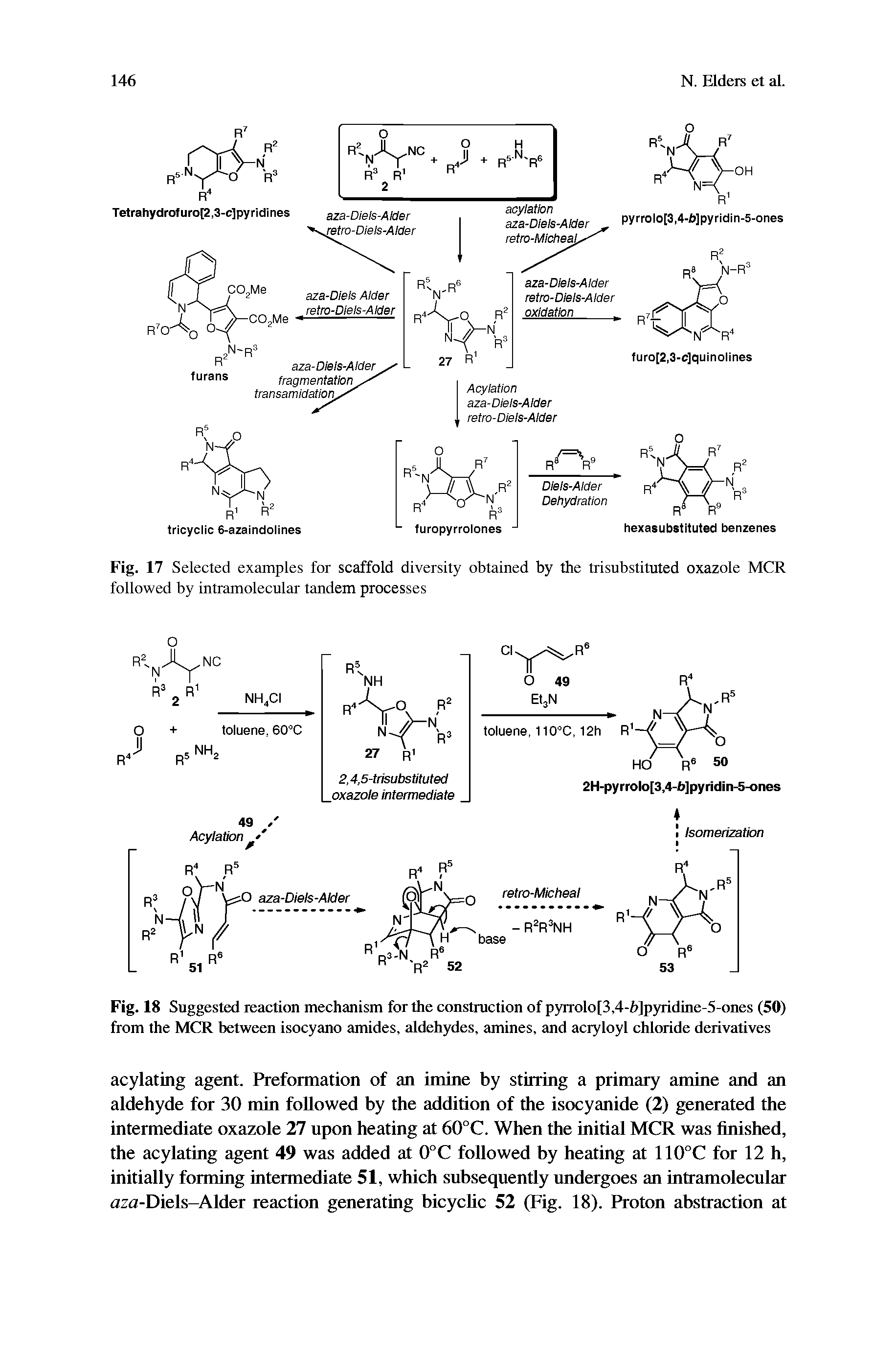Fig. 18 Suggested reaction mechanism for the construction of pyrrolo[3,4-h]pyridme-5-ones (50) from the MCR between isocyano amides, aldehydes, amines, and acryloyl chloride derivatives...