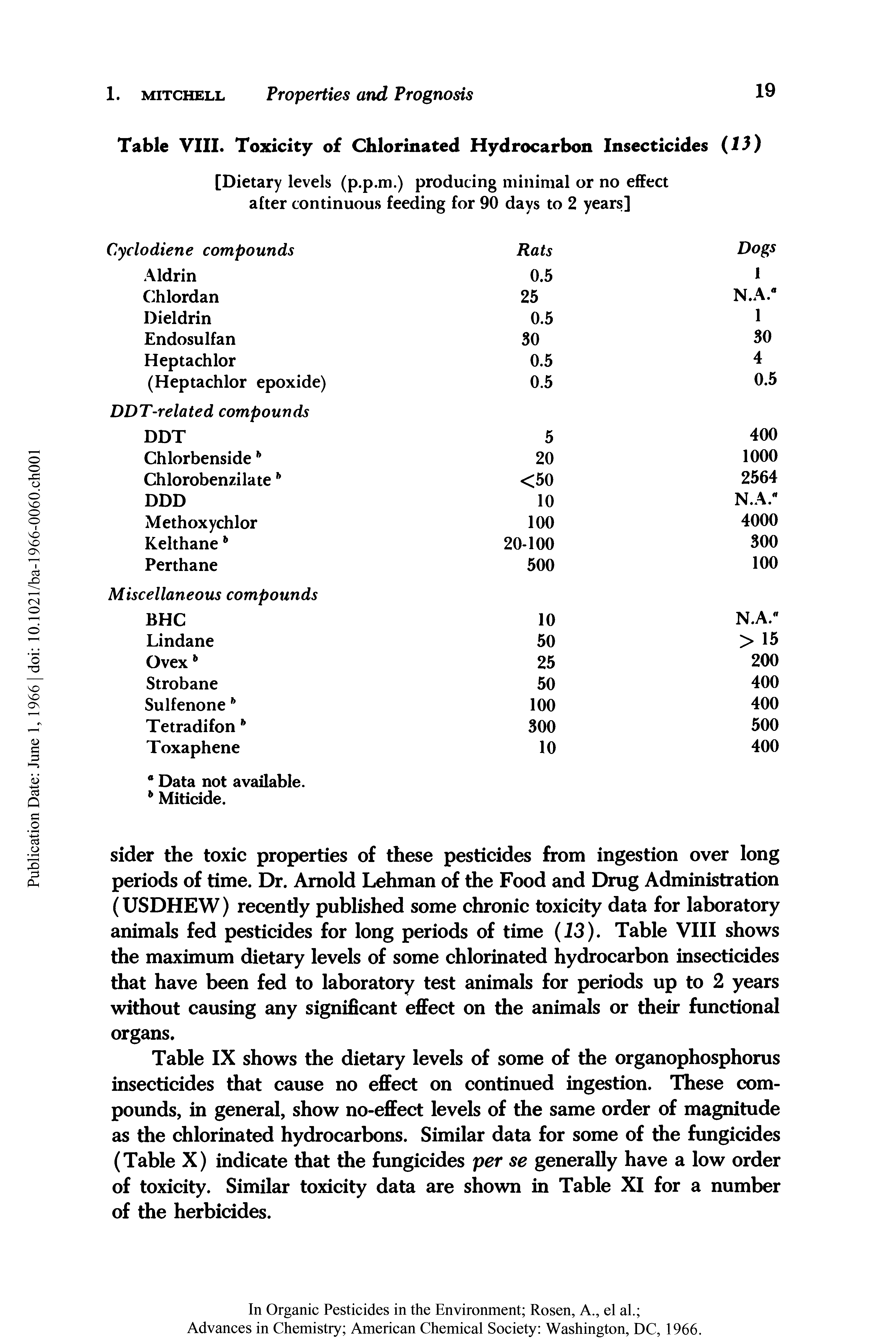 Table IX shows the dietary levels of some of the organophosphorus insecticides that cause no effect on continued ingestion. These compounds, in general, show no-effect levels of the same order of magnitude as the chlorinated hydrocarbons. Similar data for some of the fungicides (Table X) indicate that the fungicides per se generally have a low order of toxicity. Similar toxicity data are shown in Table XI for a number of the herbicides.