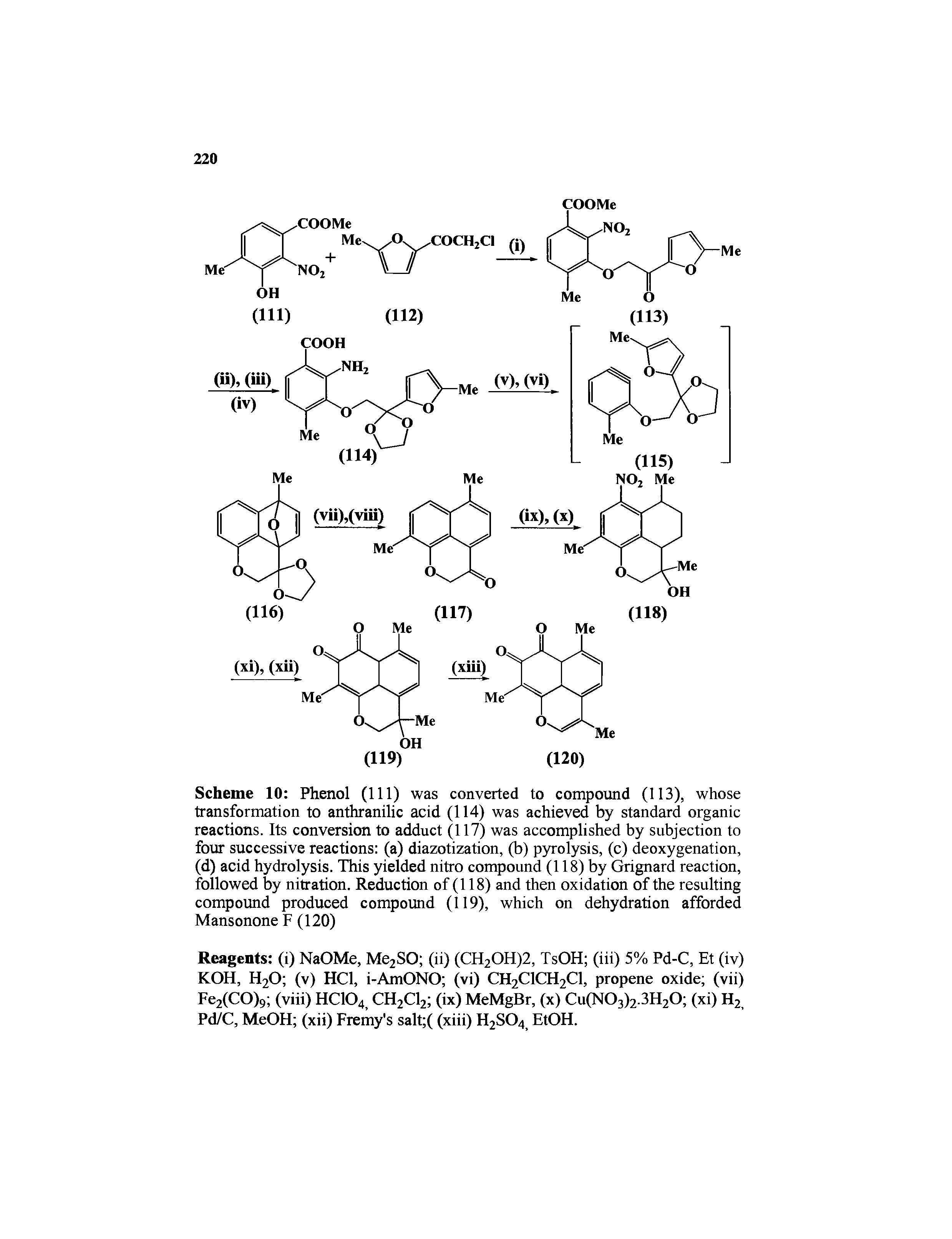 Scheme 10 Phenol (111) was converted to compound (113), whose transformation to anthranilic acid (114) was achieved by standard organic reactions. Its conversion to adduct (117) was accomplished by subjection to four successive reactions (a) diazotization, (b) pyrolysis, (c) deoxygenation, (d) acid hydrolysis. This yielded nitro compound (118) by Grignard reaction, followed by nitration. Reduction of (118) and then oxidation of the resulting compound produced compound (119), which on dehydration afforded Mansonone F (120)...