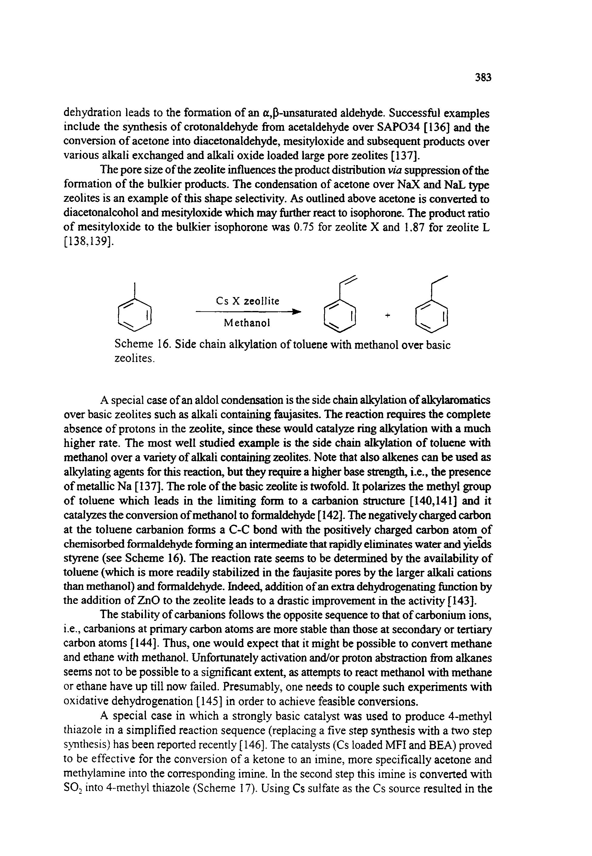 Scheme 16. Side chain alkylation of toluene with methanol over basic zeolites.