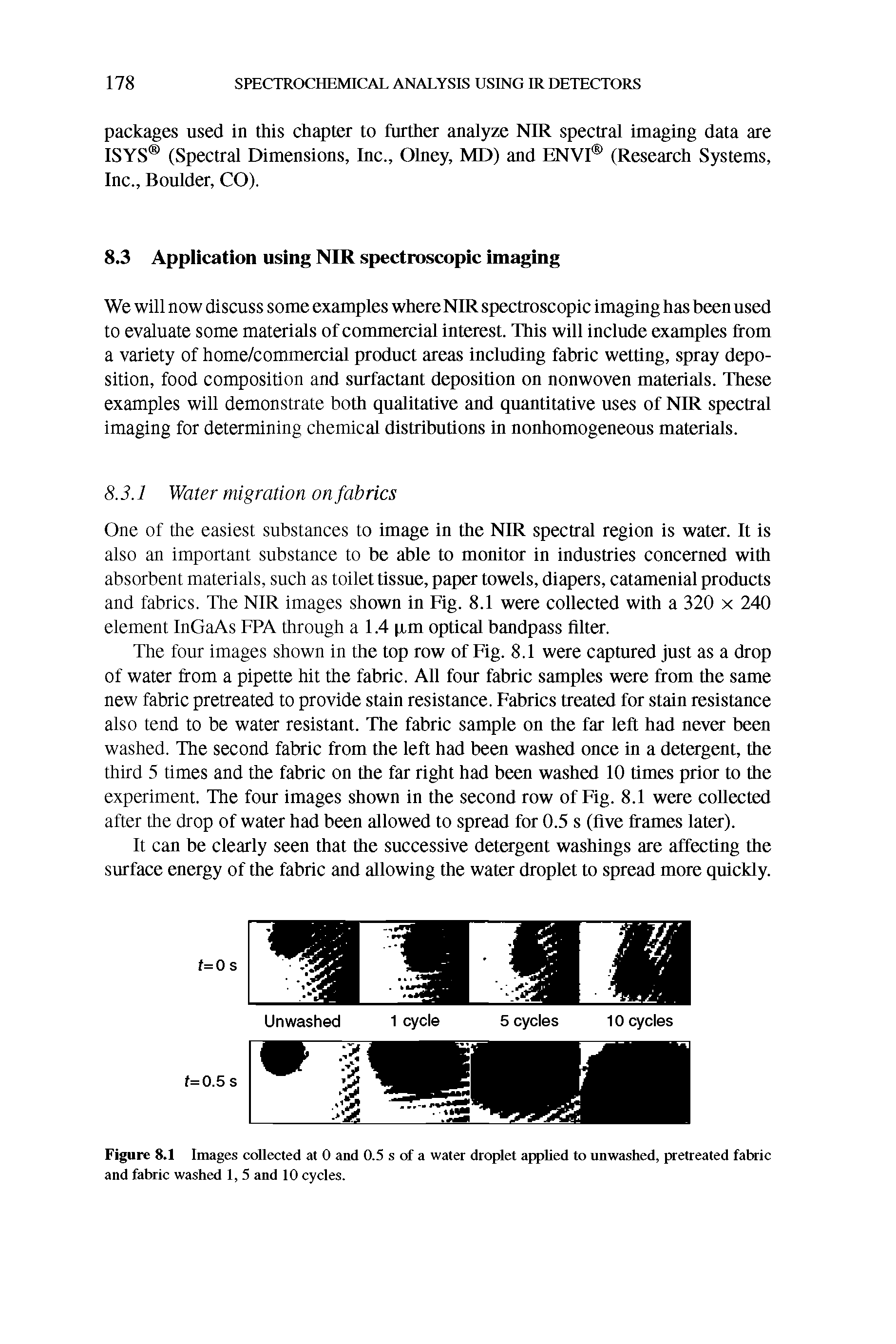 Figure 8.1 Images collected at 0 and 0.5 s of a water droplet applied to unwashed, pretreated fabric and fabric washed 1, 5 and 10 cycles.