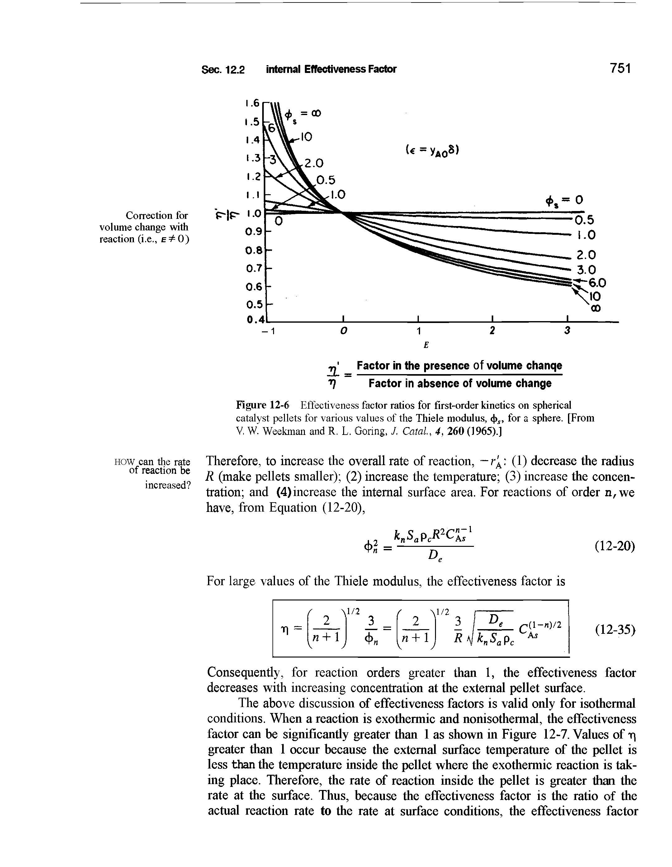 Figure 12-6 Effectiveness factor ratios for first-order kinetics on spherical catalyst pellets for various values of the Thiele modulus, <1), for a sphere. [From V, W. Weekman and R. L. Goring, J. Catal, 4, 260 (1965).]...