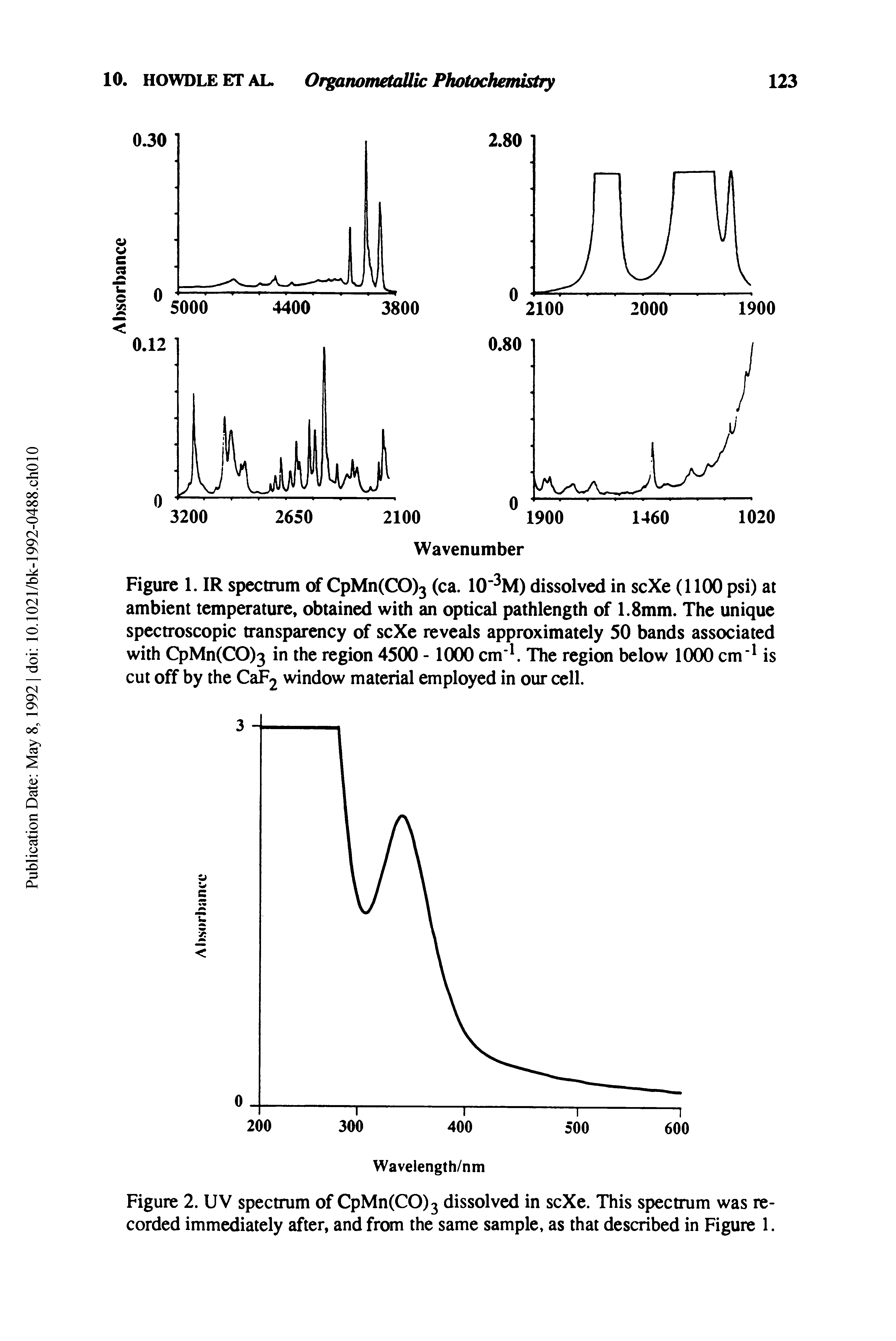 Figure 1. IR spectrum of CpMn(CO)3 (ca. 10 3M) dissolved in scXe (1100 psi) at ambient temperature, obtained with an optical pathlength of 1.8mm. The unique spectroscopic transparency of scXe reveals approximately 50 bands associated with CpMn(CO)3 in the region 4500 -1000 cm 1. The region below 1000 cm 1 is cut off by the CaF2 window material employed in our cell.