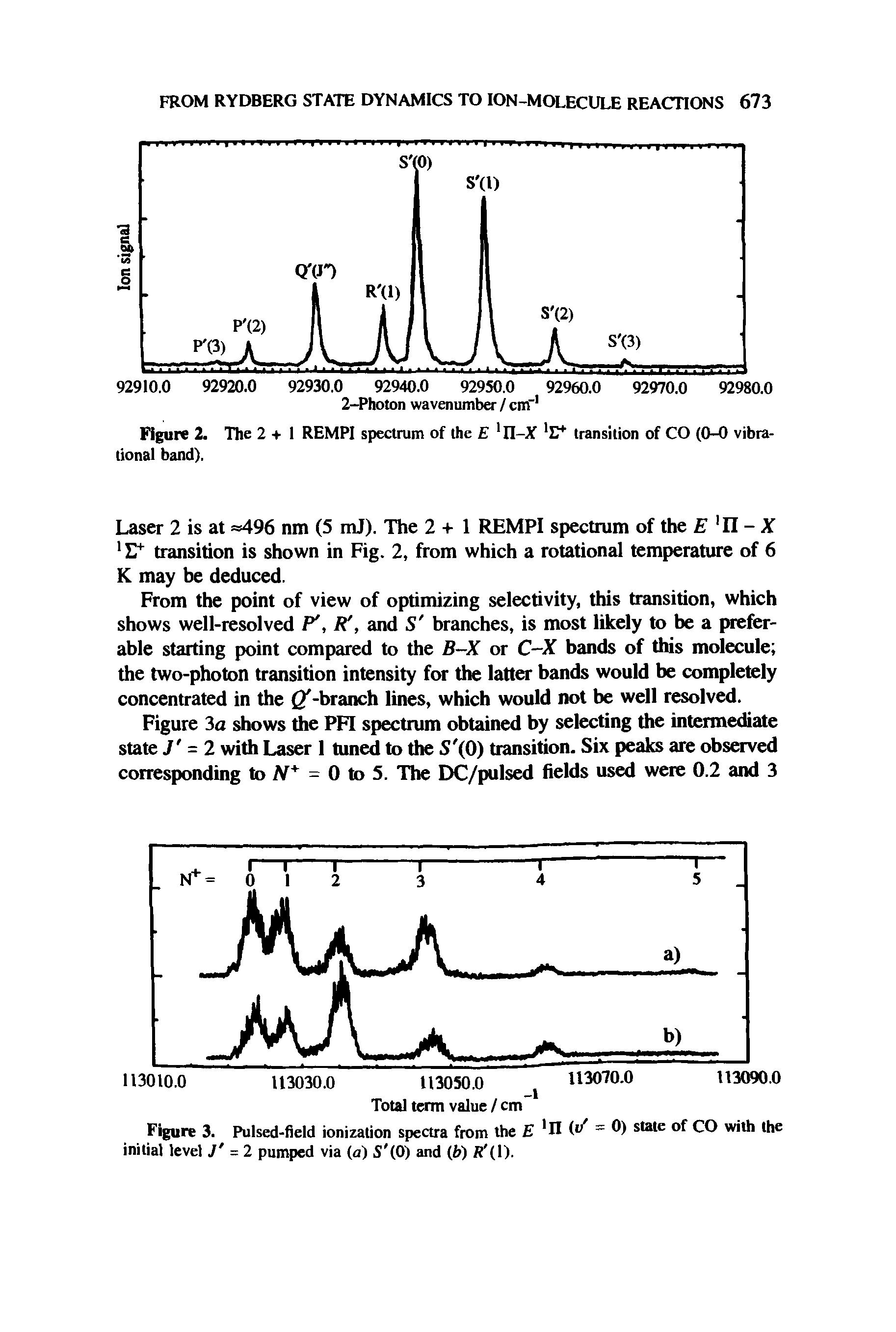 Figure 3. Pulsed-field ionization spectra from the 1II ( / — 0) state of CO with the initial level J = 2 pumped via (a) S (0) and (b) R (l).