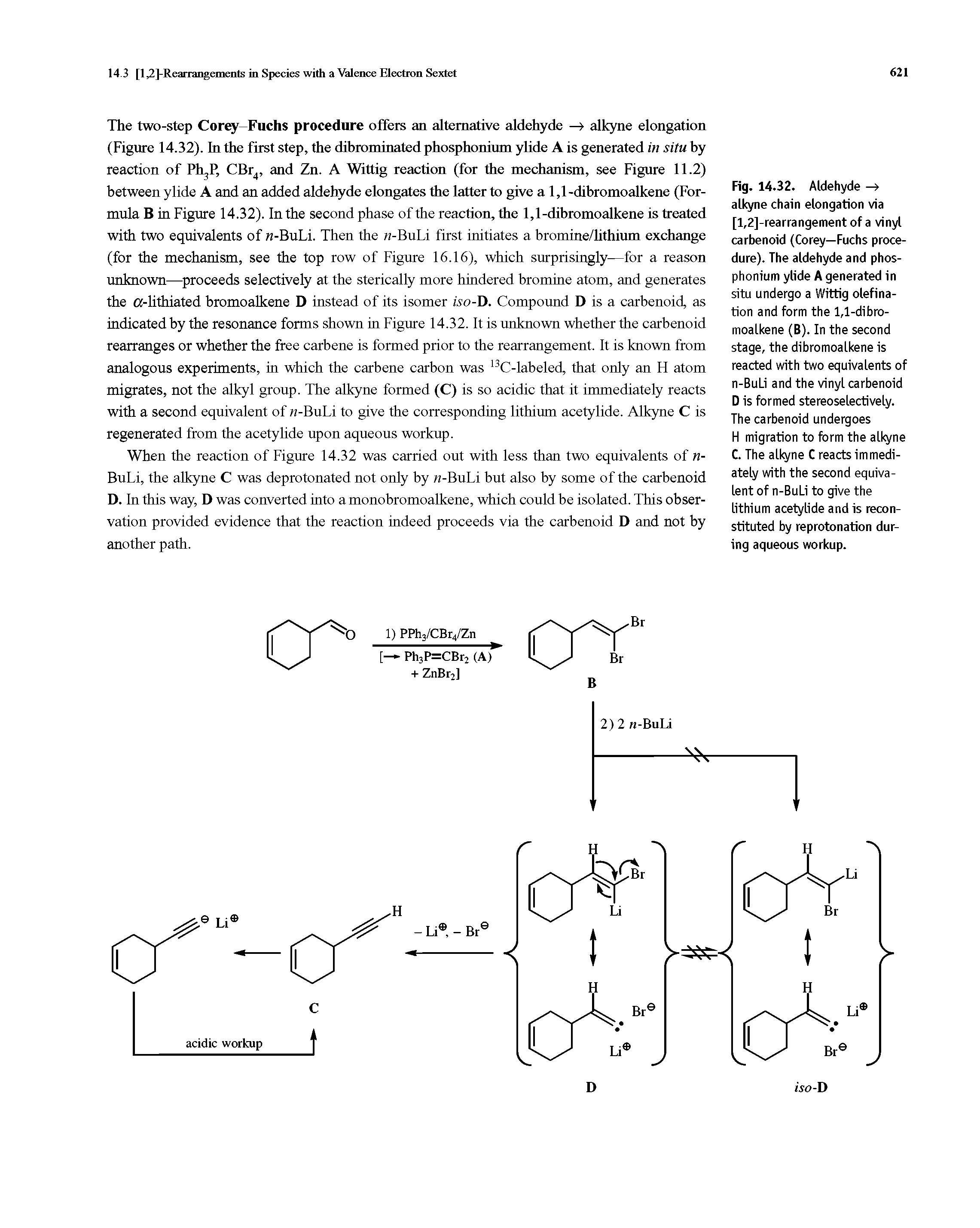 Fig. 14.32. Aldehyde alkyne chain elongation via [l,2]-rearrangement of a vinyl carbenoid (Corey—Fuchs procedure). The aldehyde and phosphonium ylide A generated in situ undergo a Wittig olefina-tion and form the 1,1-dibro-moalkene (B). In the second stage, the dibromoalkene is reacted with two equivalents of n-BuLi and the vinyl carbenoid D is formed stereoselectively. The carbenoid undergoes H migration to form the alkyne C. The alkyne C reacts immediately with the second equivalent of n-BuLi to give the lithium acetylide and is reconstituted by reprotonation during aqueous workup.