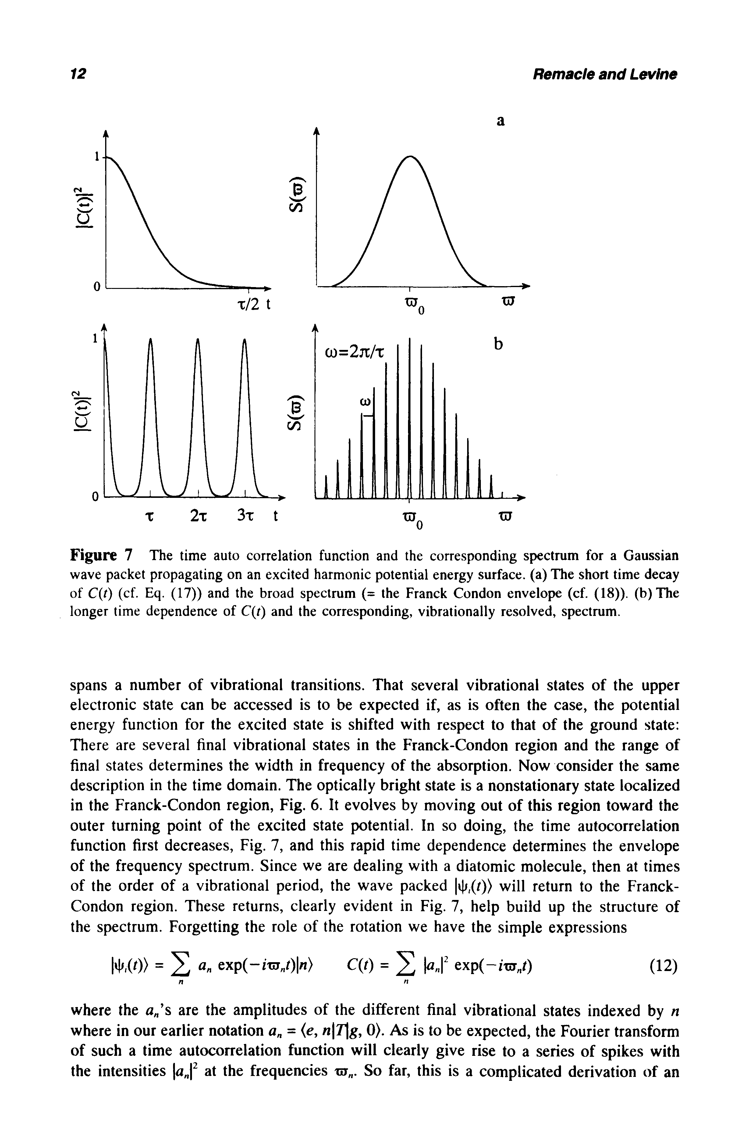 Figure 7 The time auto correlation function and the corresponding spectrum for a Gaussian wave packet propagating on an excited harmonic potential energy surface, (a) The short time decay of C(/) (cf. Eq. (17)) and the broad spectrum (= the Franck Condon envelope (cf. (18)). (b)The longer time dependence of C(r) and the corresponding, vibrationally resolved, spectrum.