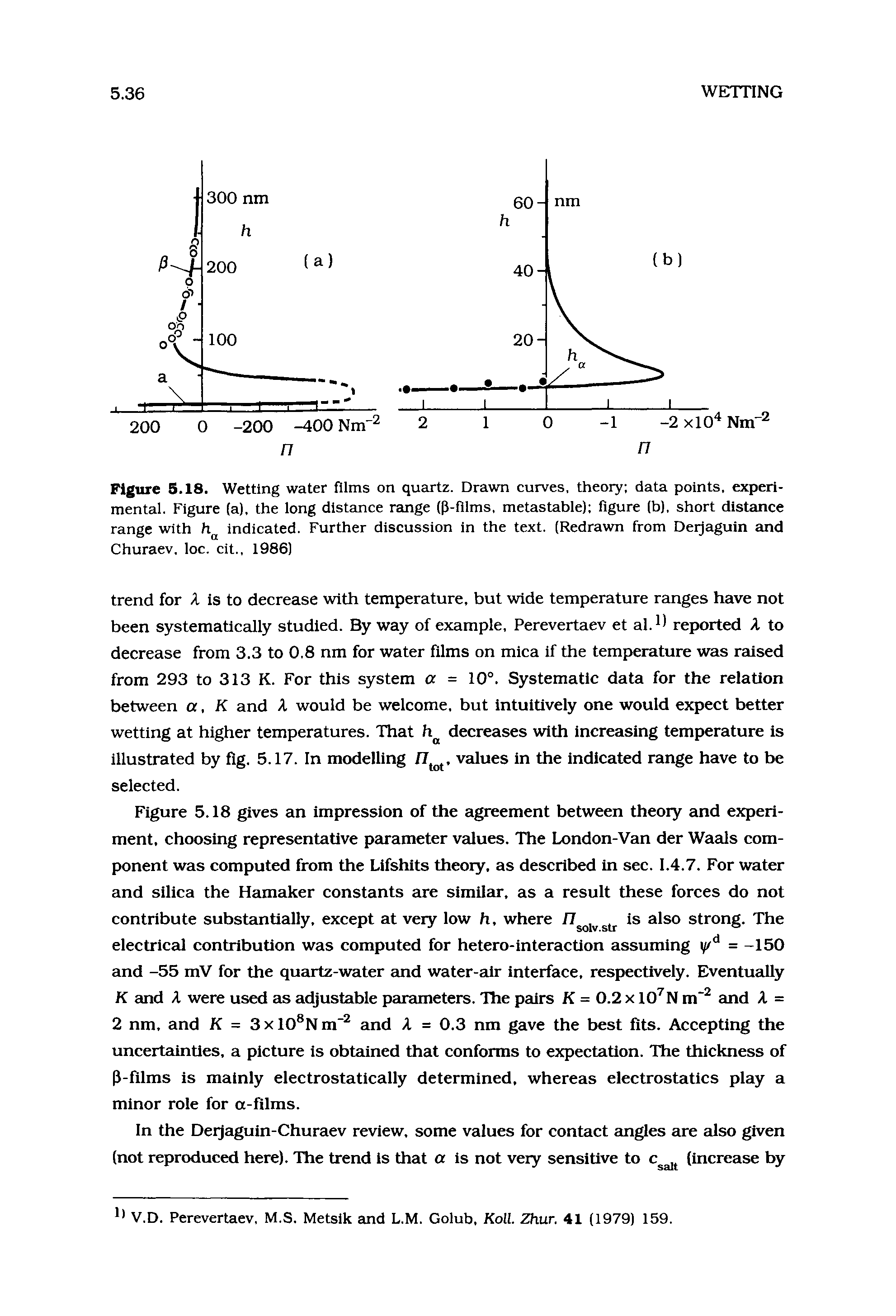 Figure 5.18. Wetting water films on quartz. Drawn curves, theory data points, experimental. Figure (a), the long distance range (P-films. metastable) figure (b). short distance range with h indicated. Further discussion in the text. (Redrawn from Derjaguln and Churaev. loc. cit.. 1986)...
