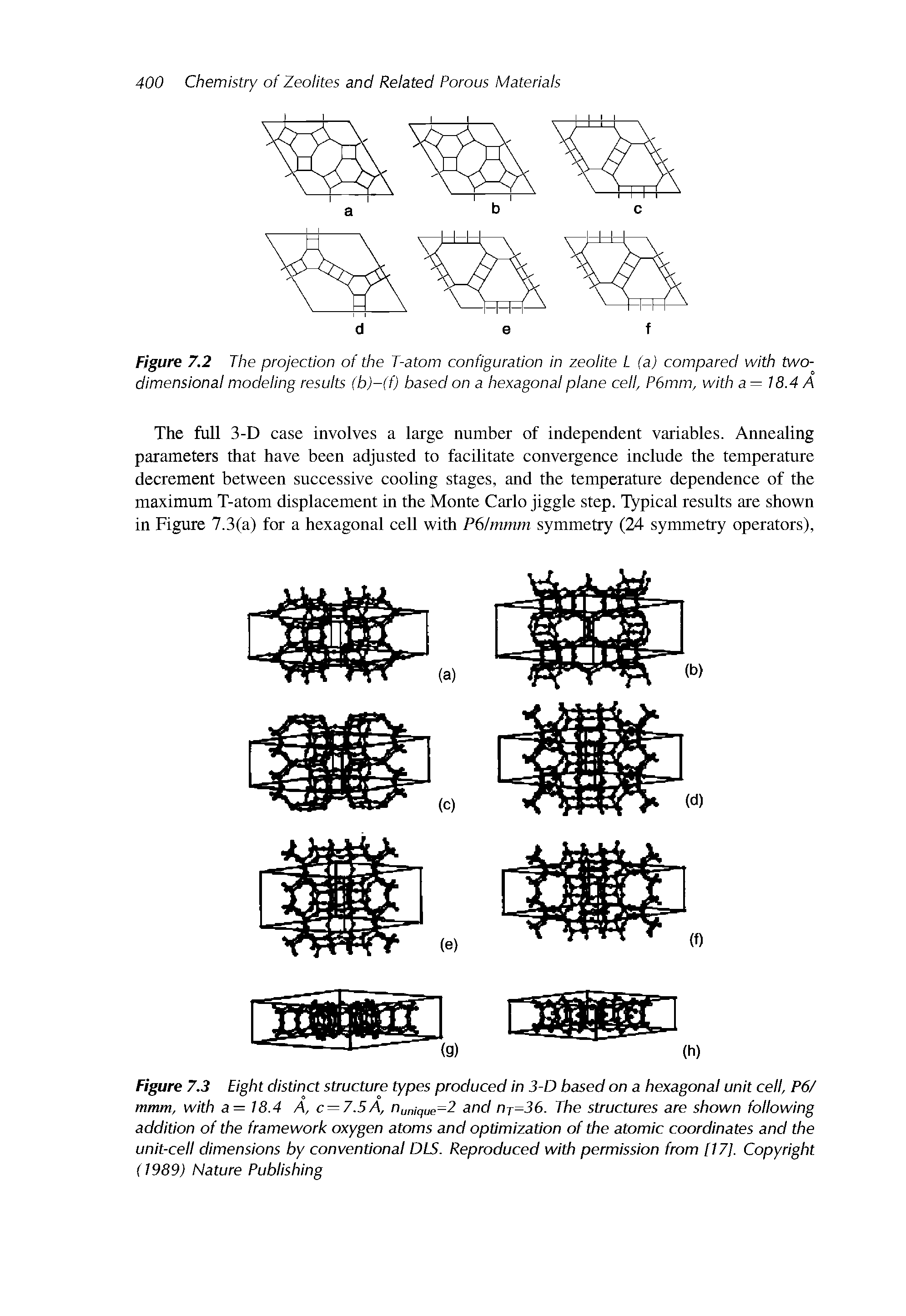 Figure 7.2 The projection of the T-atom configuration in zeolite L (a) compared with two-dimensional modeling results (b)-(f) based on a hexagonal plane cell, P6mm, with a — 18.4 A...