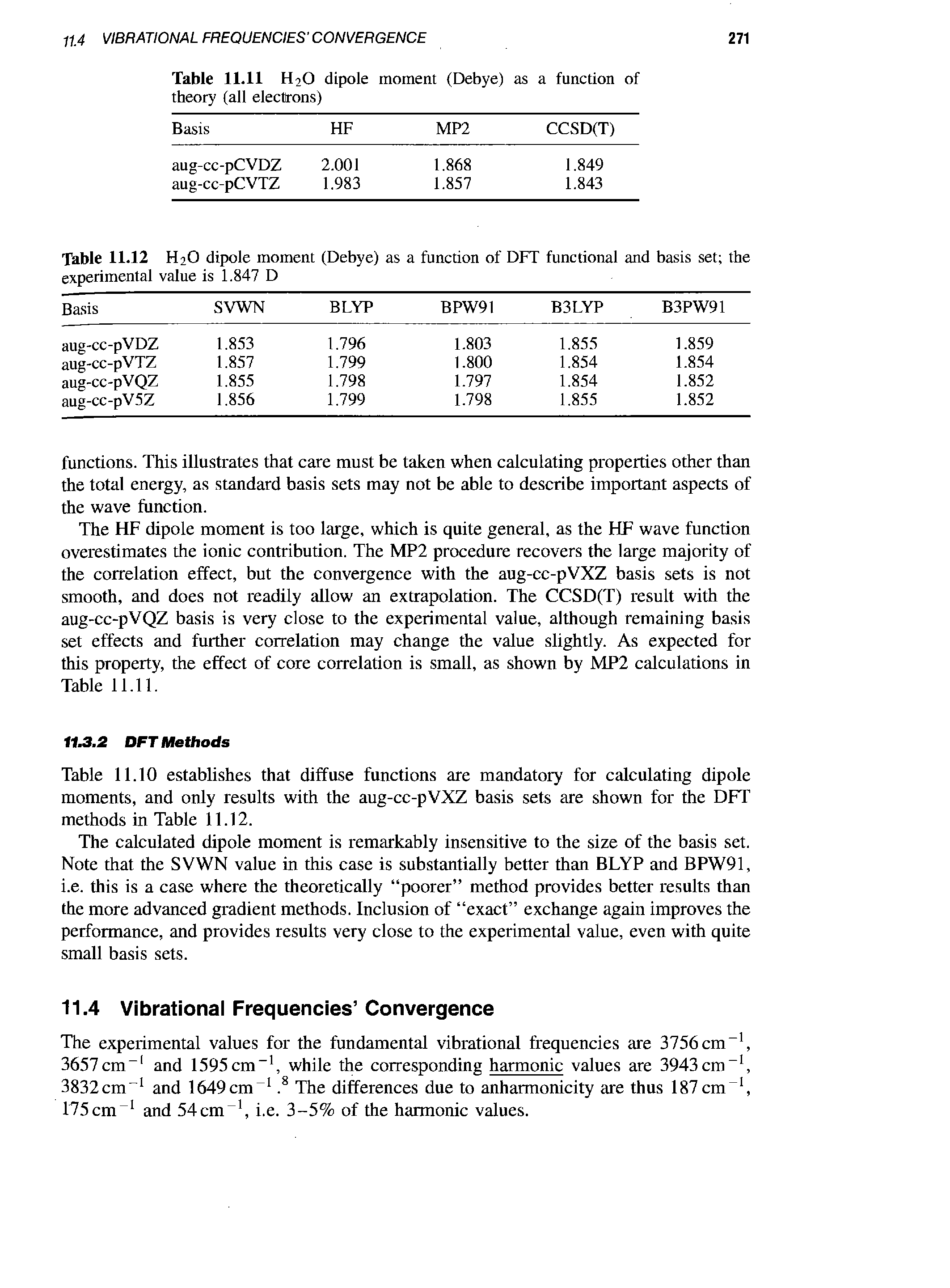 Table 11.12 H2O dipole moment (Debye) as a function of DFT functional and basis set the ...