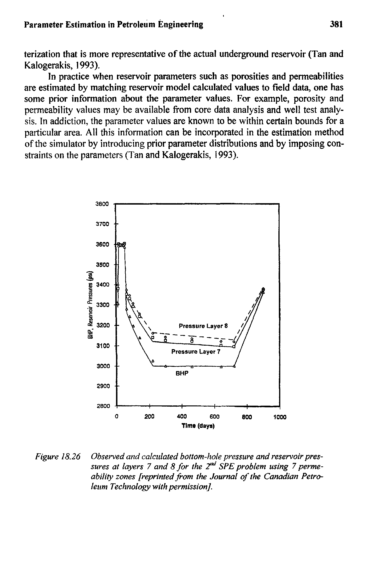 Figure 18.26 Observed and calculated bottom-hole pressure and reservoir pressures at layers 7 and 8 for the 2" SPE problem using 7 permeability zones [reprinted from the Journal of the Canadian Petroleum Technology with permission].