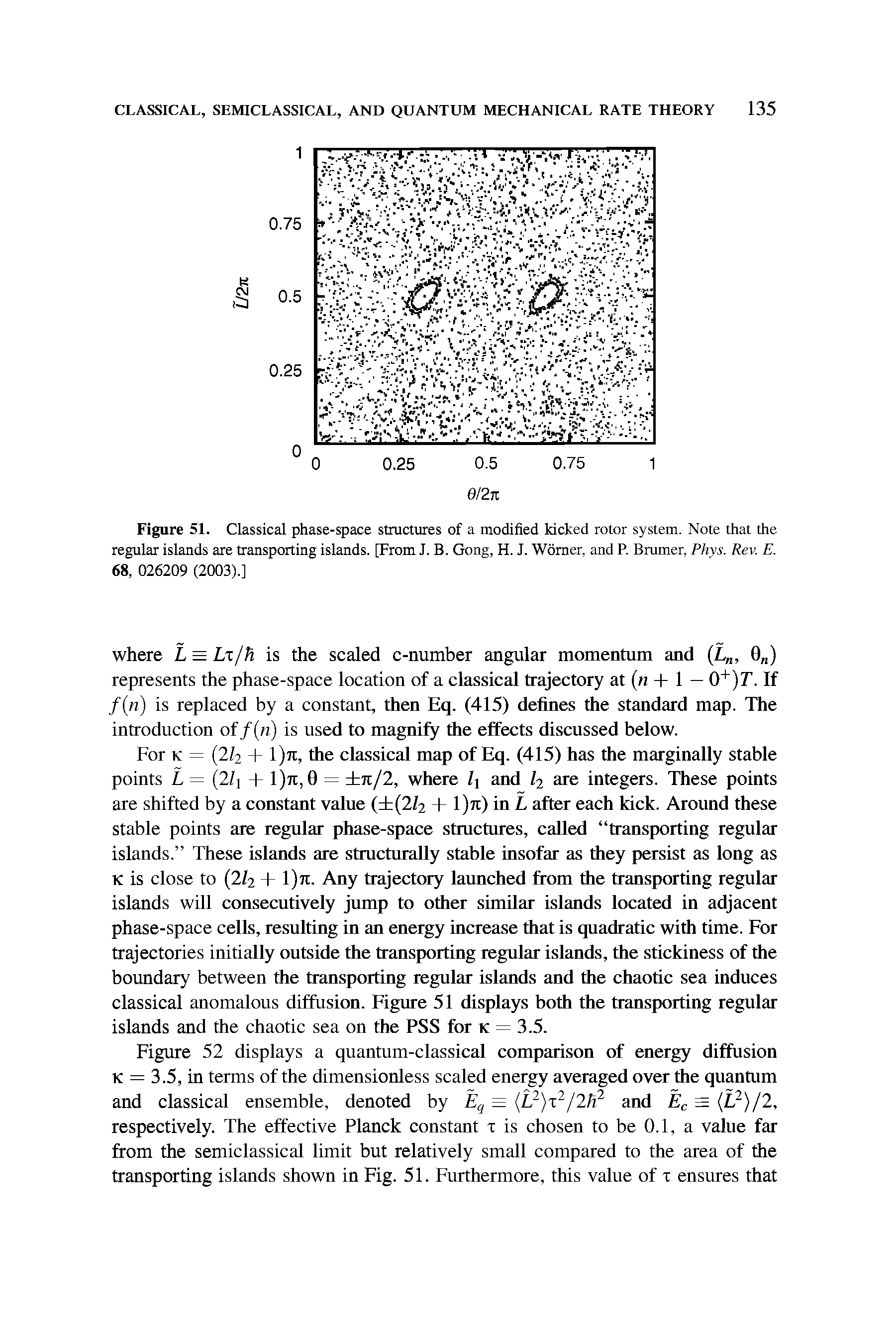 Figure 51. Classical phase-space structures of a modified kicked rotor system. Note that the regular islands are transporting islands. [From J. B. Gong, H. J. Worner, and P. Brumer, Phys. Rev. E. 68, 026209 (2003).]...
