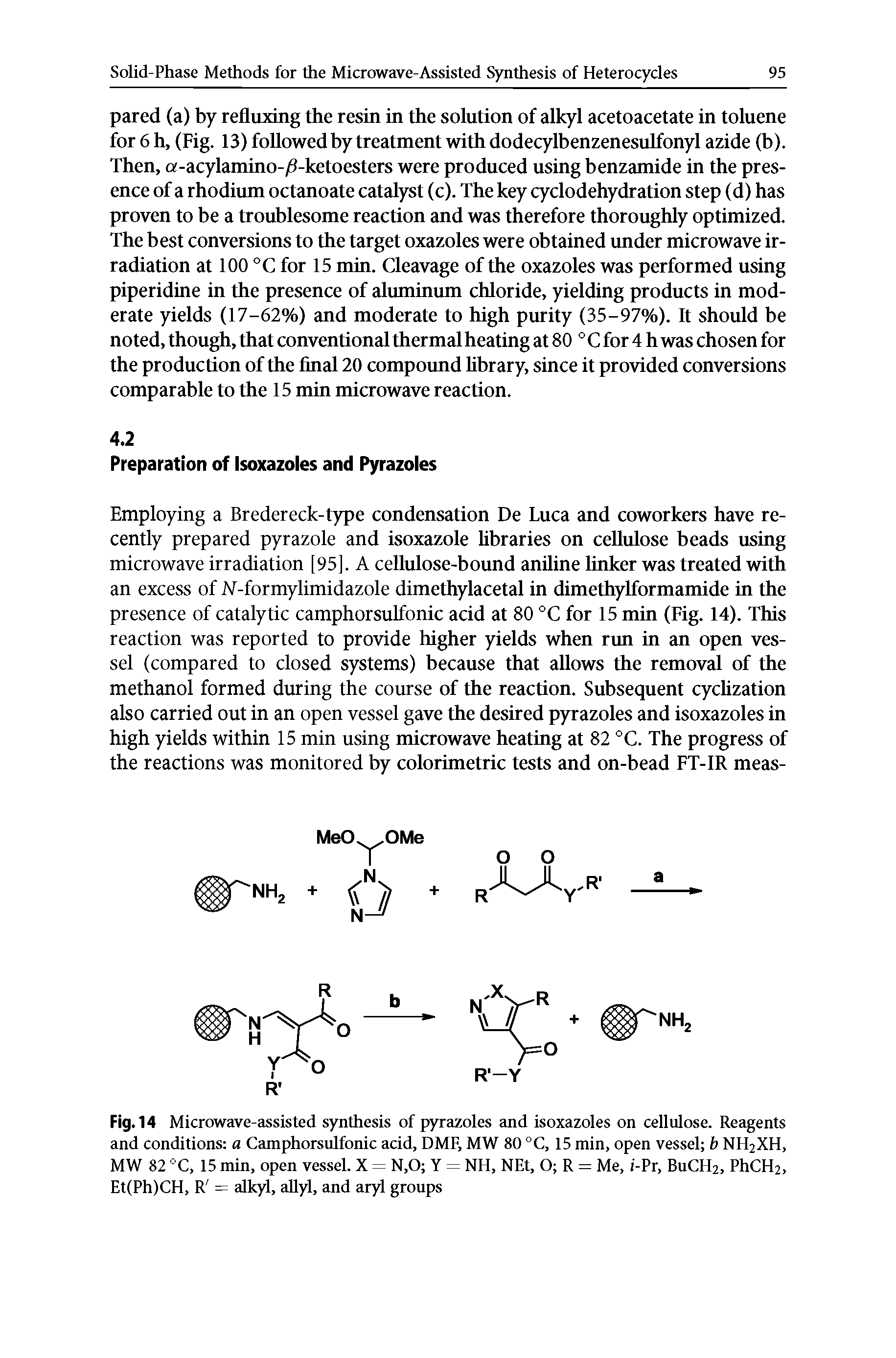 Fig. 14 Microwave-assisted synthesis of pyrazoles and isoxazoles on cellulose. Reagents and conditions a Camphorsulfonic acid, DMF, MW 80 °C, 15 min, open vessel b NH2XH, MW 82 °C, 15 min, open vessel. X = N,0 Y = NH, NEt, O R = Me, i-Pr, BUCH2, PhCH2, Et(Ph)CH, R = alkyl, aUyl, and aryl groups...