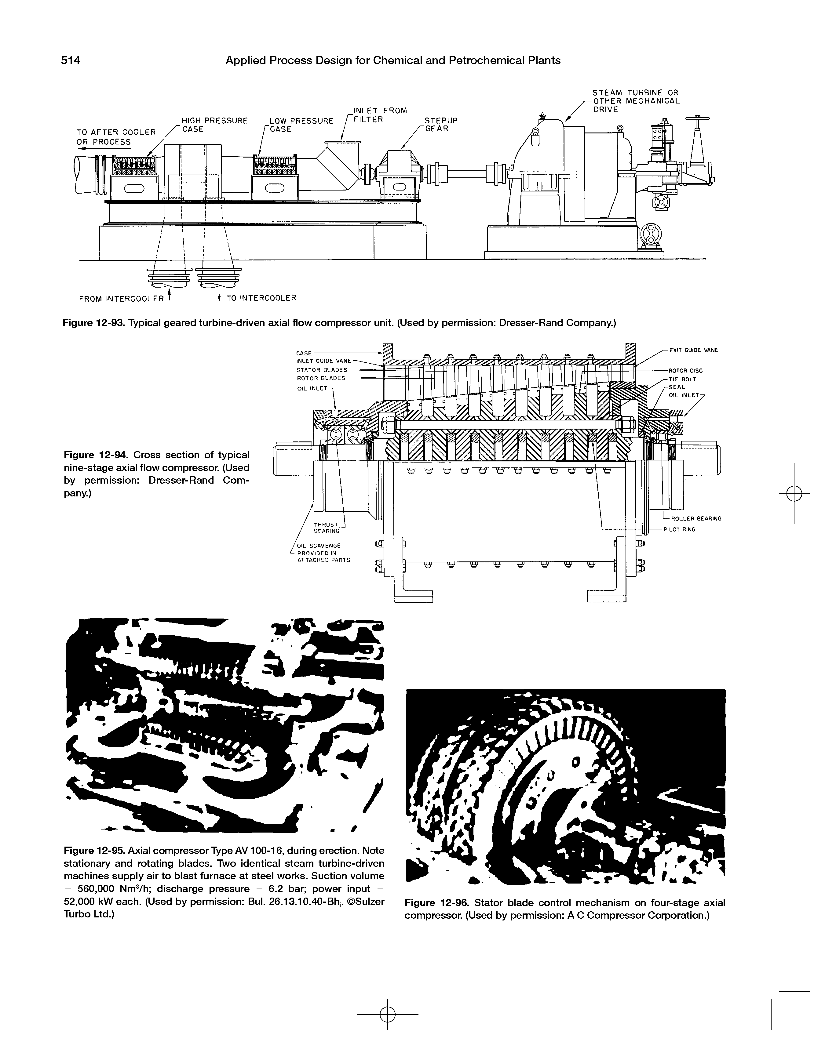 Figure 12-95. Axial compressor Type AV100-16, during erection. Note stationary and rotating blades. Two identical steam turbine-driven machines supply air to blast furnace at steel works. Suction volume = 560,000 NmVh discharge pressure = 6.2 bar power input = 52,000 kW each. (Used by permission Bui. 26.13.10.40-Bhj. Sulzer Turbo Ltd.)...