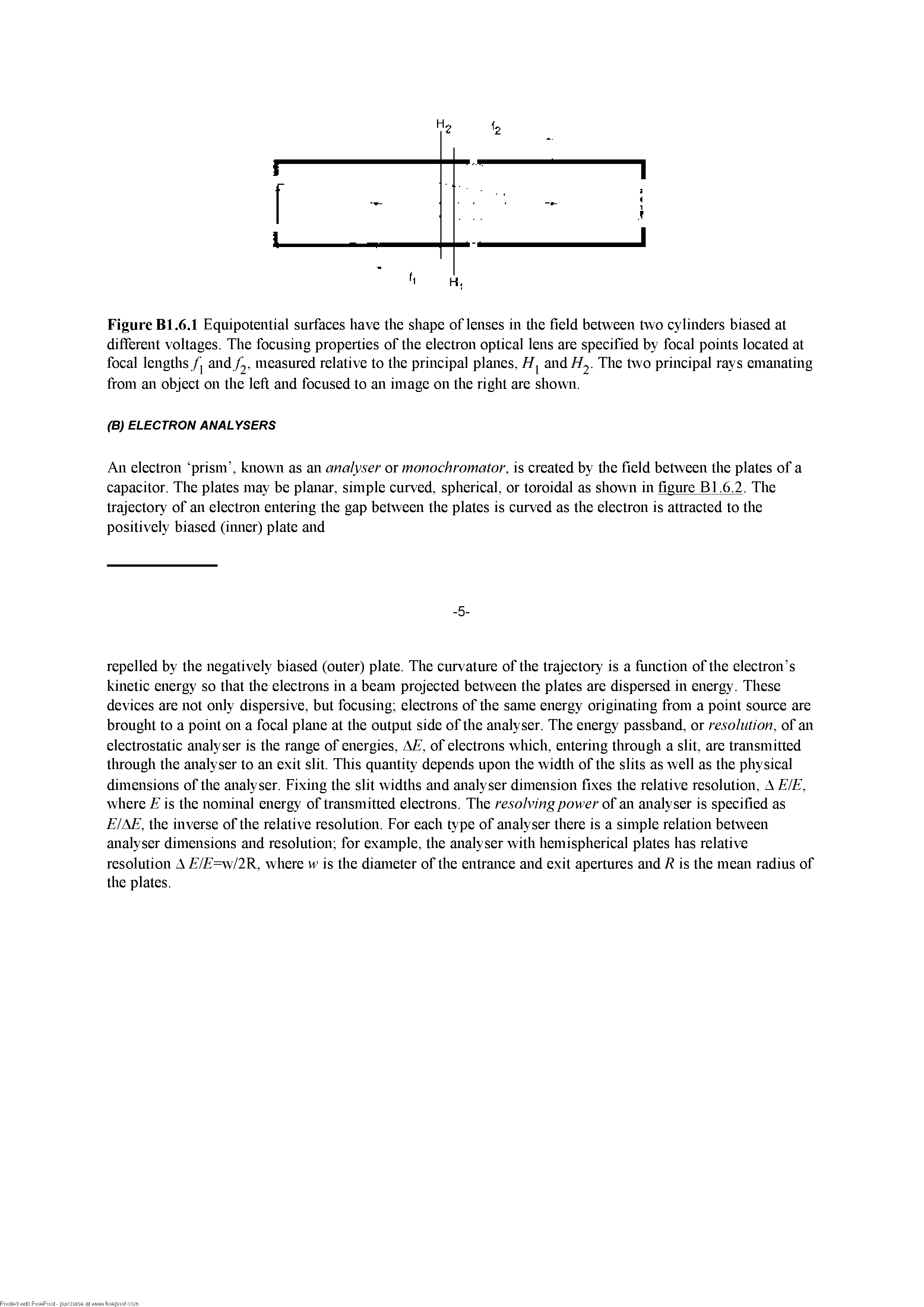 Figure Bl.6.1 Equipotential surfaces have the shape of lenses in tlie field between two cylinders biased at different voltages. The focusing properties of the electron optical lens are specified by focal points located at focal lengthsandy2, measured relative to the principal planes, The two principal rays emanating...