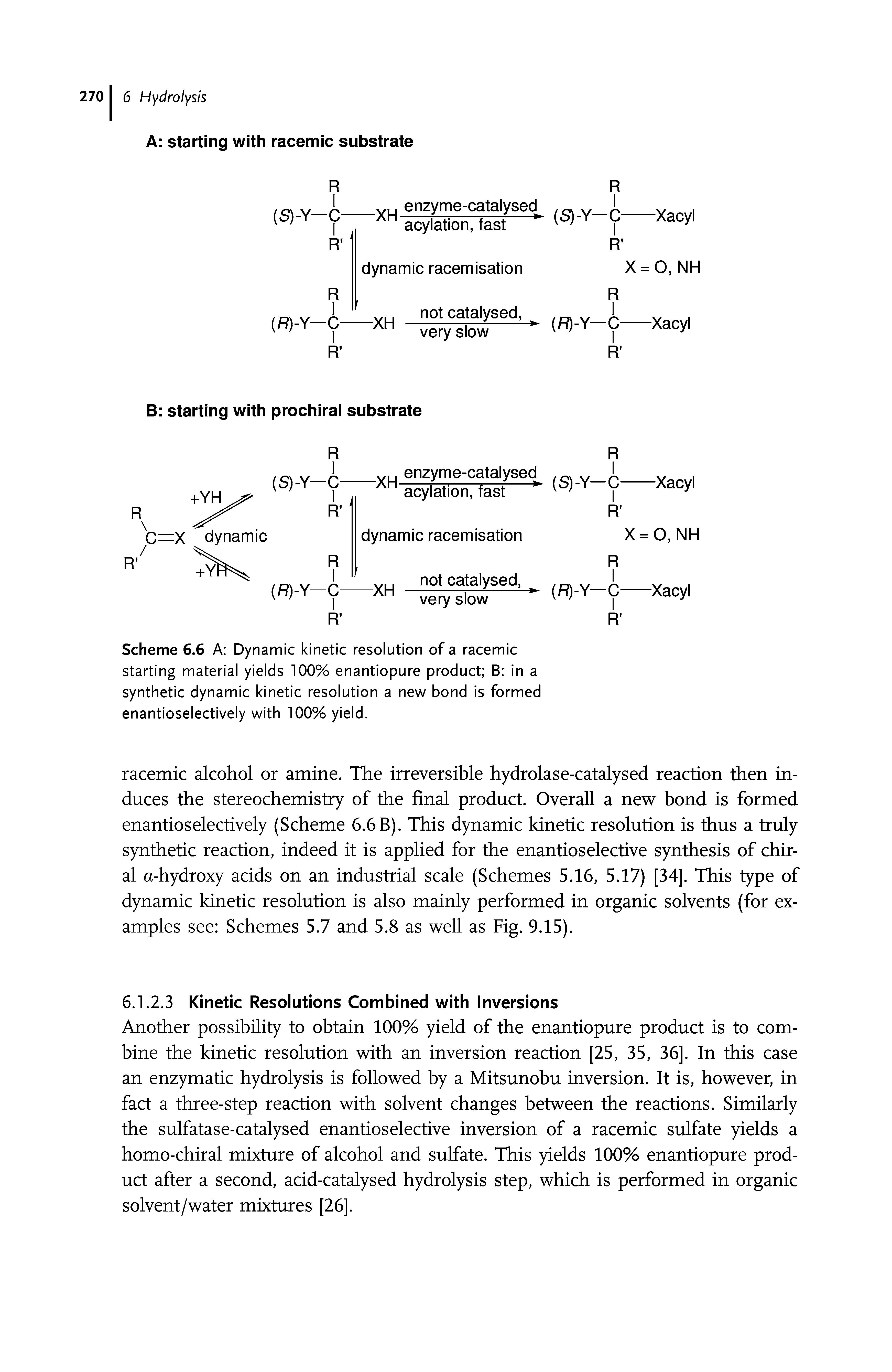 Scheme 6.6 A Dynamic kinetic resolution of a racemic starting material yields 100% enantiopure product B in a synthetic dynamic kinetic resolution a new bond is formed enantioselectively with 100% yield.