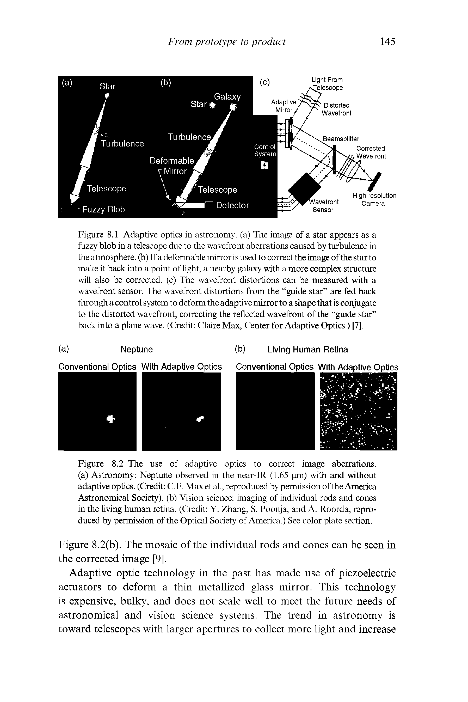 Figure 8.1 Adaptive optics in astronomy, (a) The image of a star appears as a fuzzy blob in a telescope due to the wavefront aberrations caused by turbulence in the atmosphere, (b) If a deformable mirror is used to correct the image of the star to make it back into a point of Ught, a nearby galaxy with a more complex structure will also be corrected, (c) The wavefront distortions can be measured with a wavefront sensor. The wavefront distortions from the guide star are fed back through a control system to deform the adaptive mirror to a shape that is conjugate to the distorted wavefront, correcting the reflected wavefront of the guide star back into a plane wave. (Credit Claire Max, Center for Adaptive Optics.) [7],...
