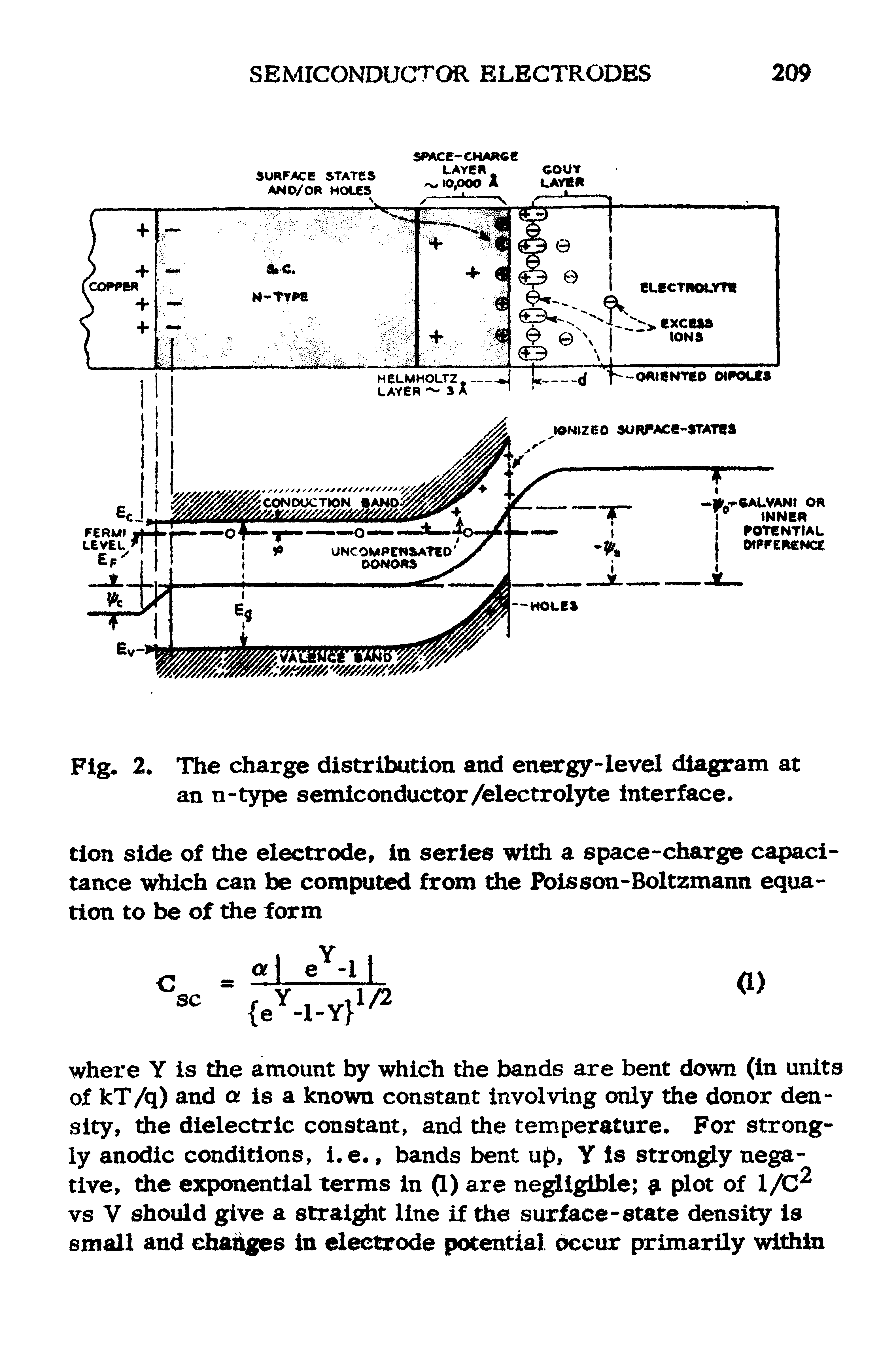 Fig. 2. The charge distribution and energy-level diagram at an n-type semiconductor/electrolyte interface.