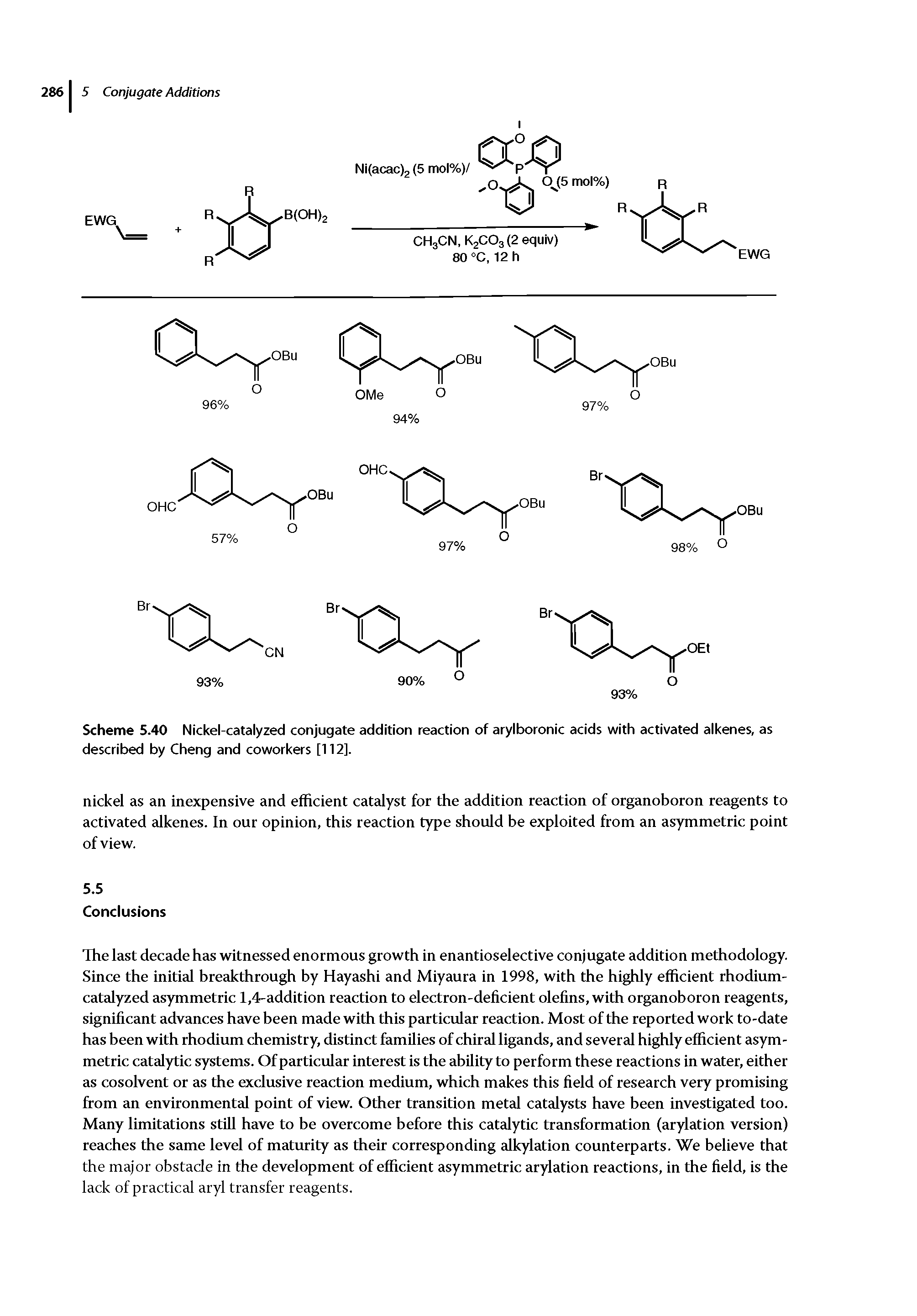 Scheme 5.40 Nickel-catalyzed conjugate addition reaction of arylboronic acids with activated alkenes, as described by Cheng and coworkers [112].