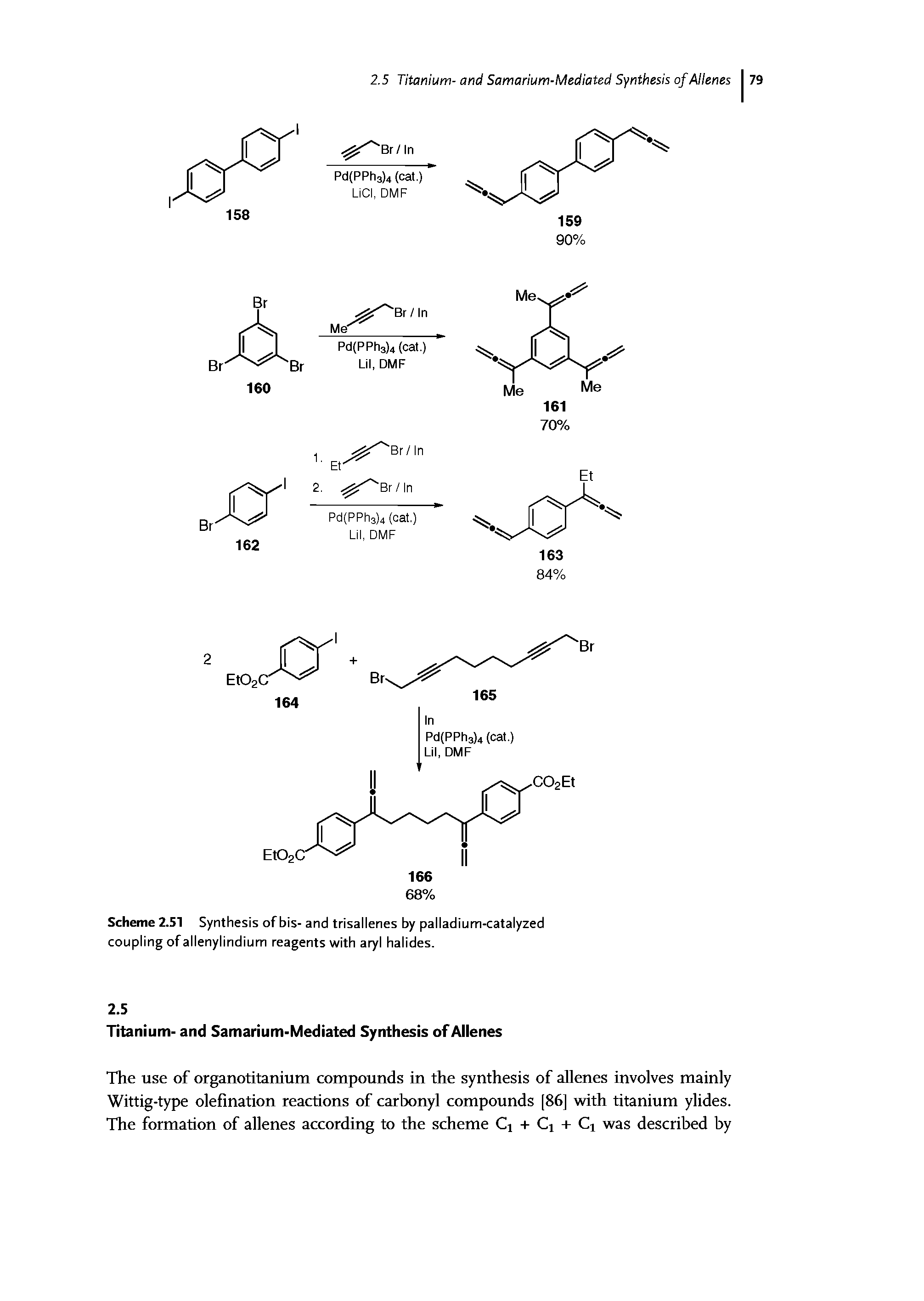 Scheme 2.51 Synthesis of bis- and trisallenes by palladium-catalyzed coupling of allenylindium reagents with aryl halides.