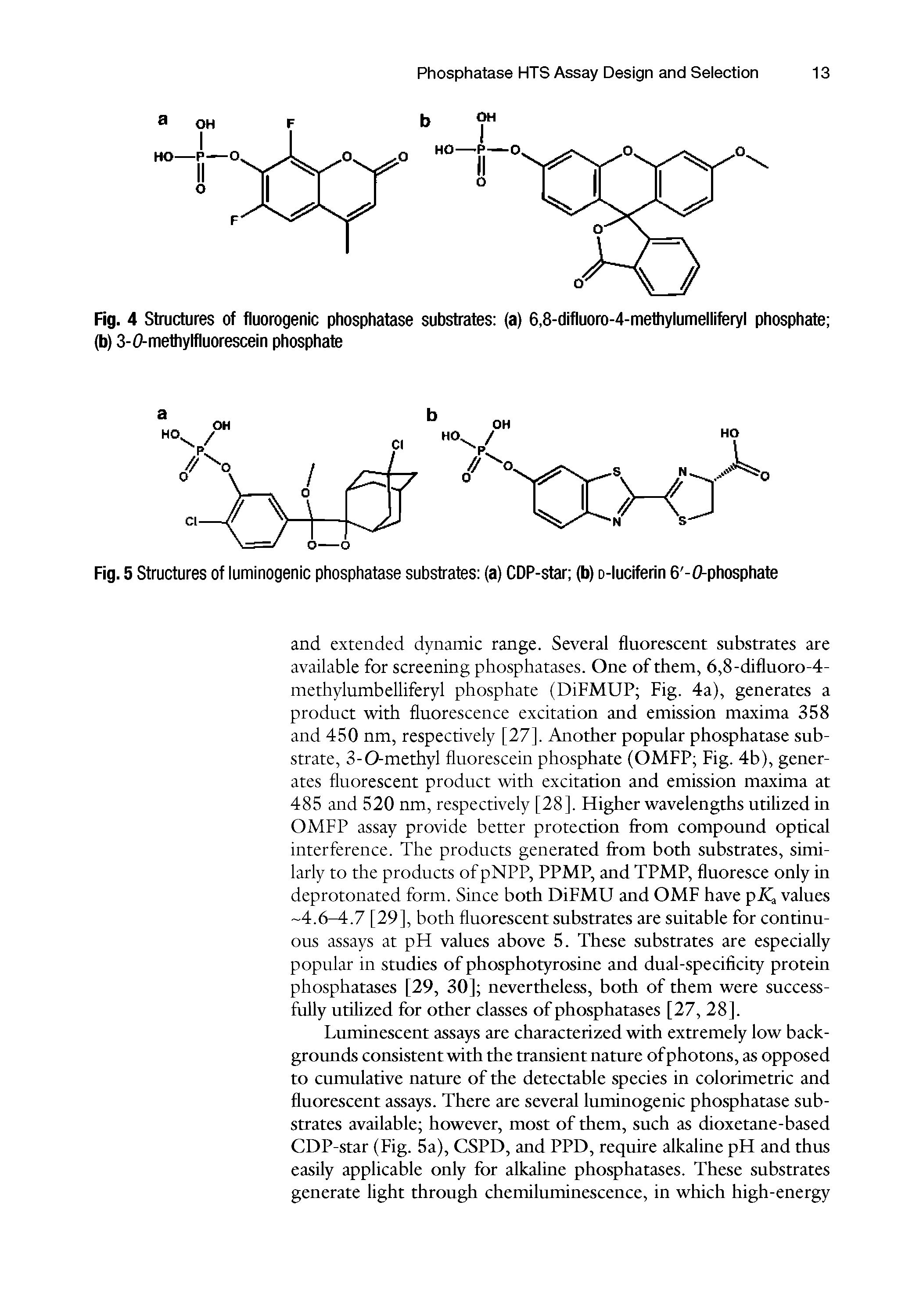 Fig. 4 Structures of fluorogenic phosphatase substrates (a) 6,8-difluoro-4-methylumelliferyl phosphate (b) 3-0-methylfluorescein phosphate...