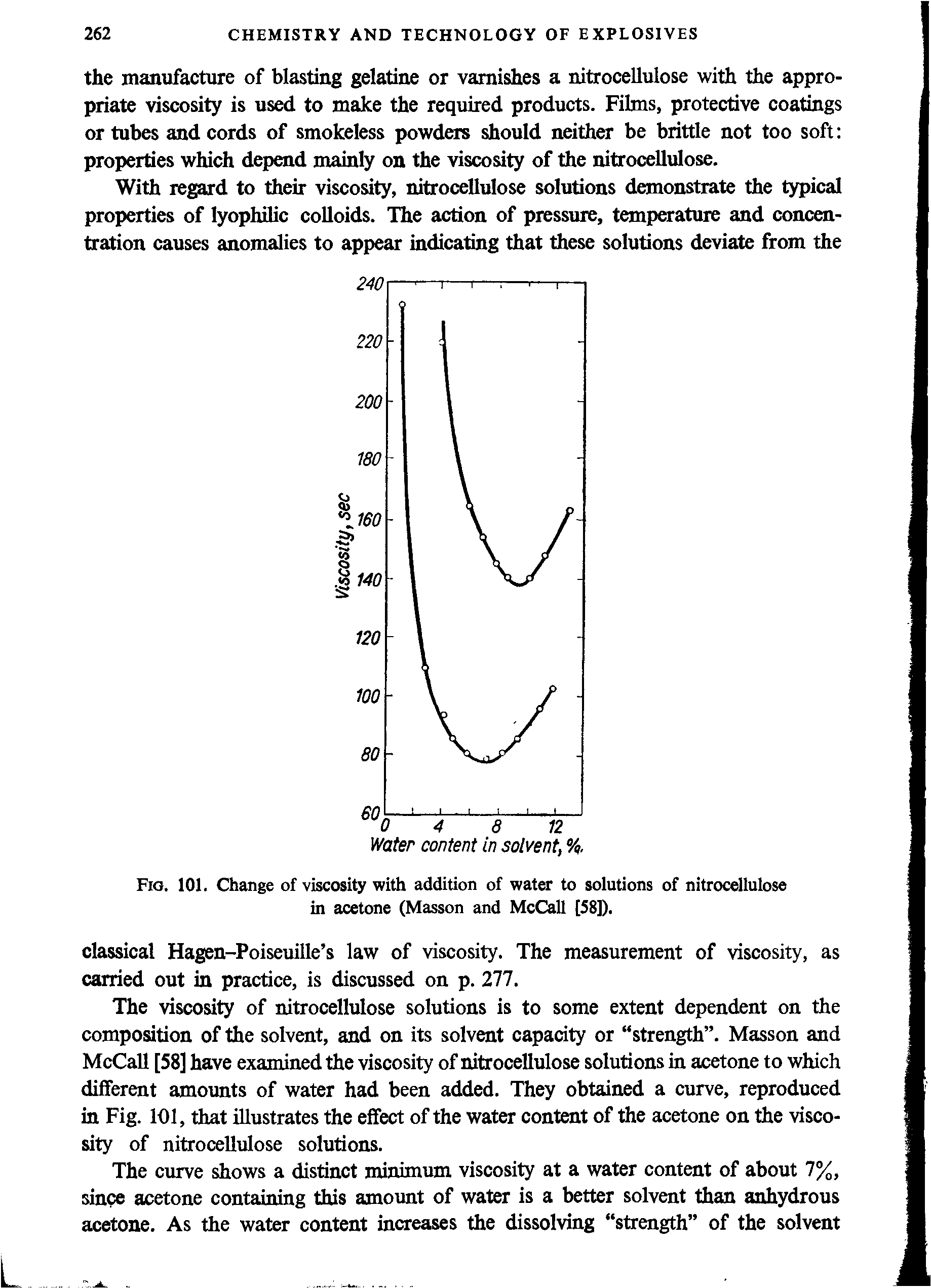Fig. 101. Change of viscosity with addition of water to solutions of nitrocellulose in acetone (Masson and McCall [58]).