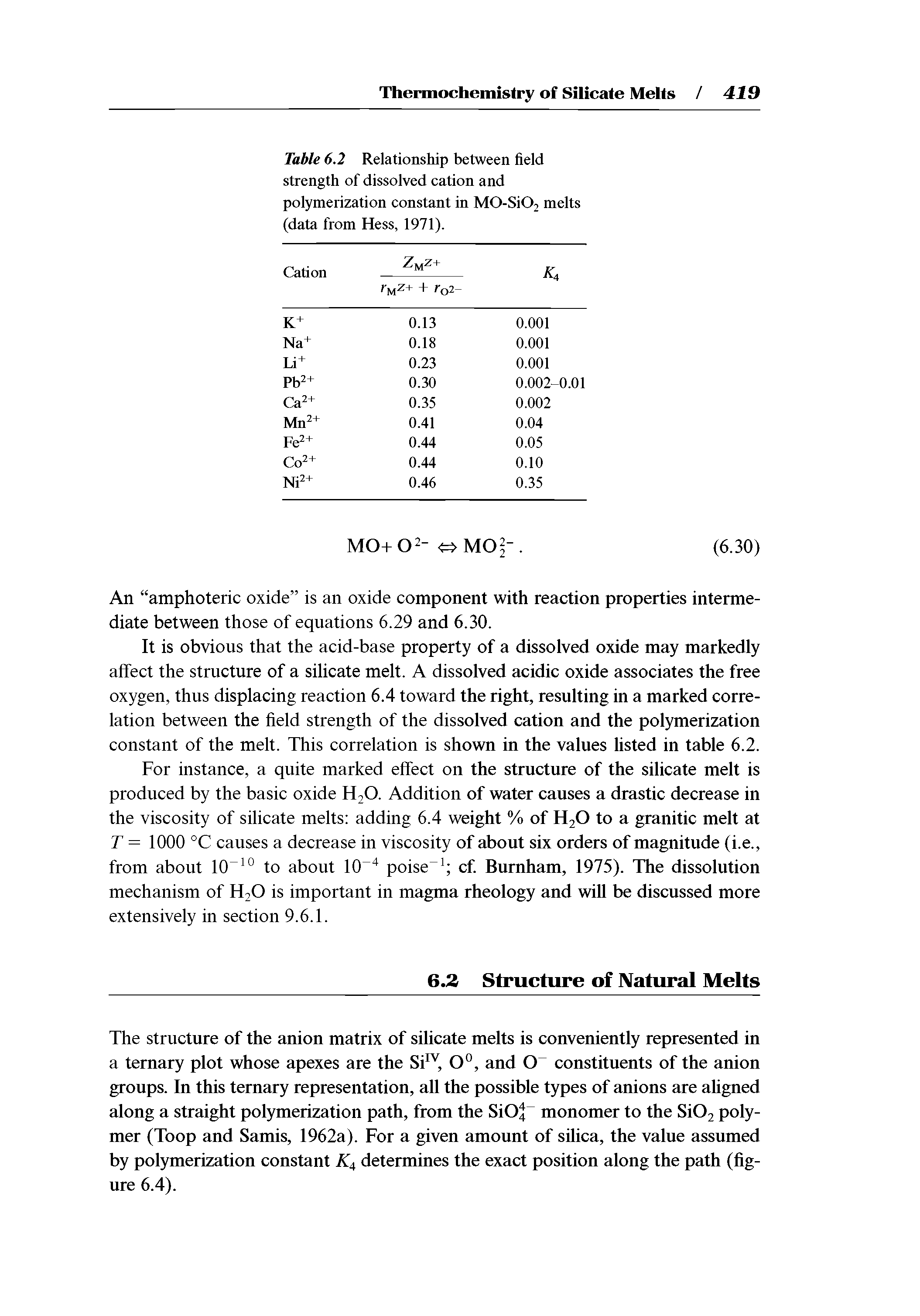 Table 6.2 Relationship between field strength of dissolved cation and polymerization constant in M0-Si02 melts (data from Hess, 1971).