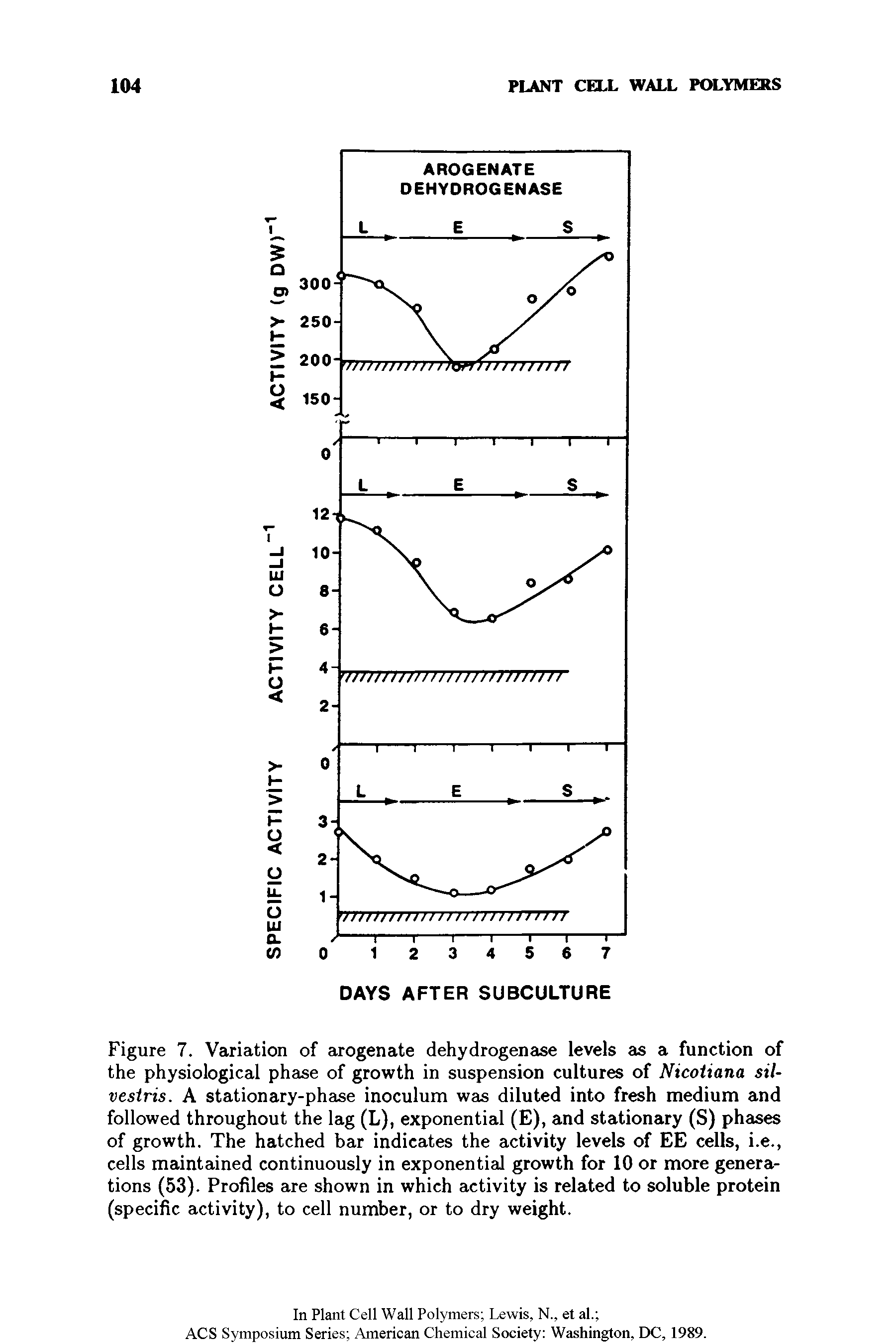 Figure 7. Variation of arogenate dehydrogenase levels as a function of the physiological phase of growth in suspension cultures of Nicotiana sil-vestris. A stationary-phase inoculum was diluted into fresh medium and followed throughout the lag (L), exponential (E), and stationary (S) phases of growth. The hatched bar indicates the activity levels of EE cells, i.e., cells maintained continuously in exponential growth for 10 or more generations (53). Profiles are shown in which activity is related to soluble protein (specific activity), to cell number, or to dry weight.
