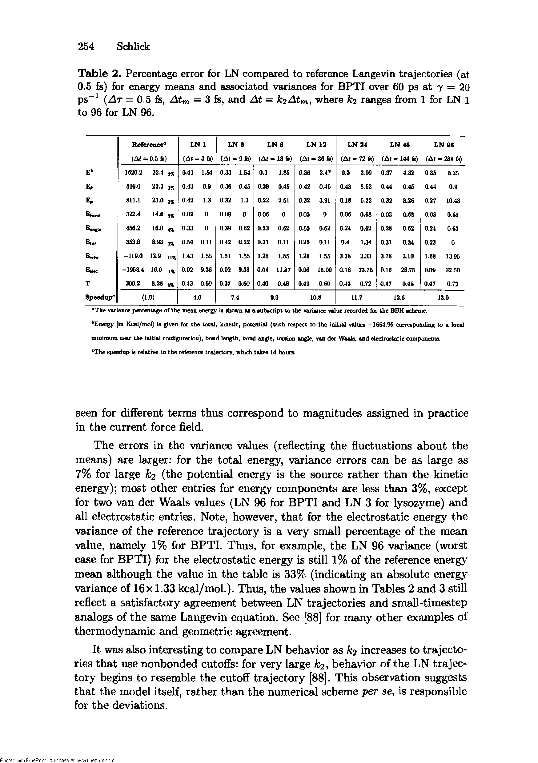 Table 2. Percentage error for LN compared to reference Langevin trajectories (at 0.5 fs) for energy means and associated variances for BPTI over 60 ps at 7 = 20 ps At = 0.5 fs, Atm = 3 fe, and At — k2Atm, where hz ranges from 1 for LN 1 to 96 for LN 96.