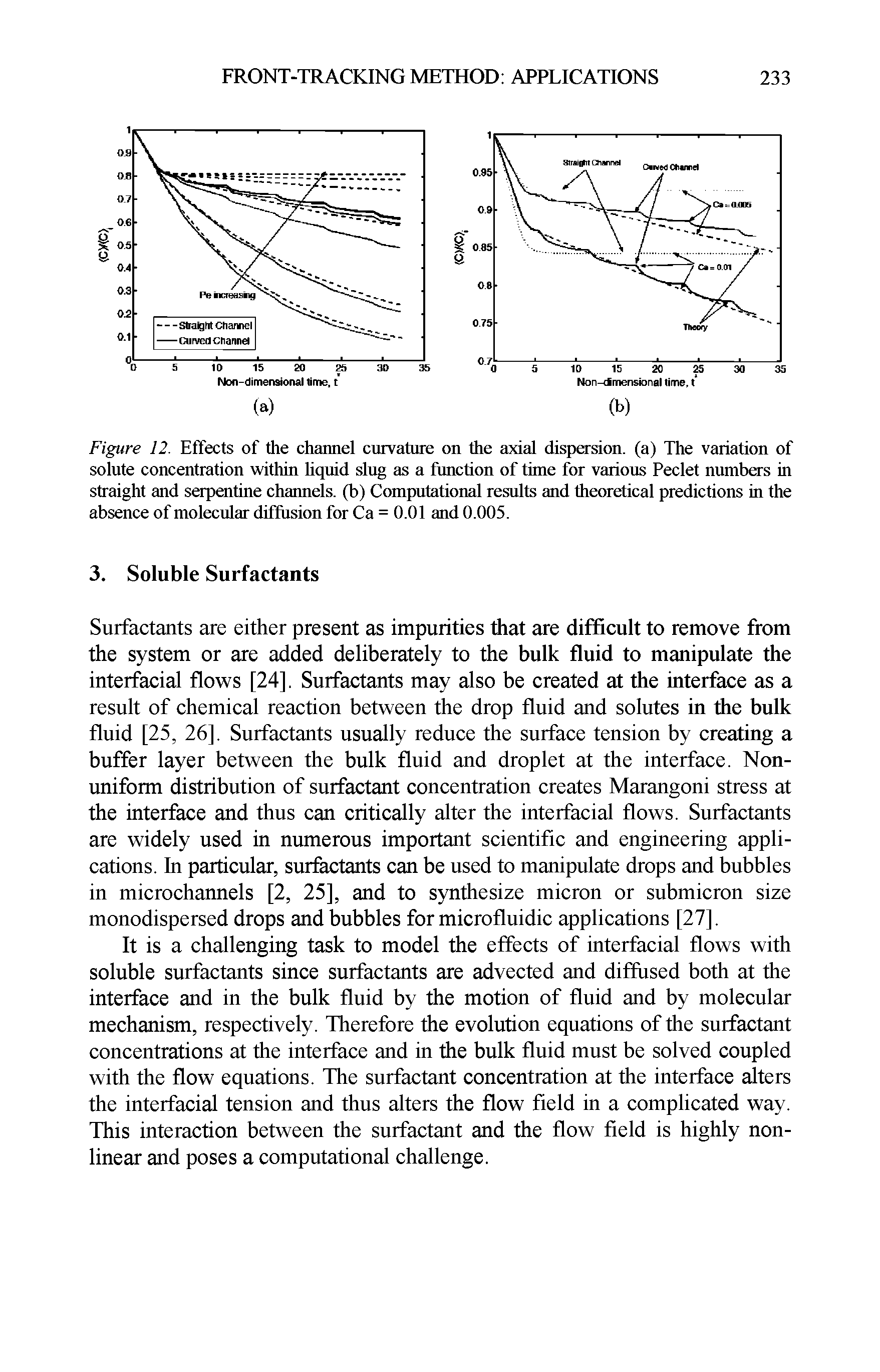 Figure 12. Effects of the channel curvature on the axial dispersion, (a) The variation of solute concentration within hquid slug as a function of time for various Peclet numbers in straight and serpentine channels, (b) Computational results and theoretical predictions in the absence of molecular diffusion for Ca = 0.01 and 0.005.