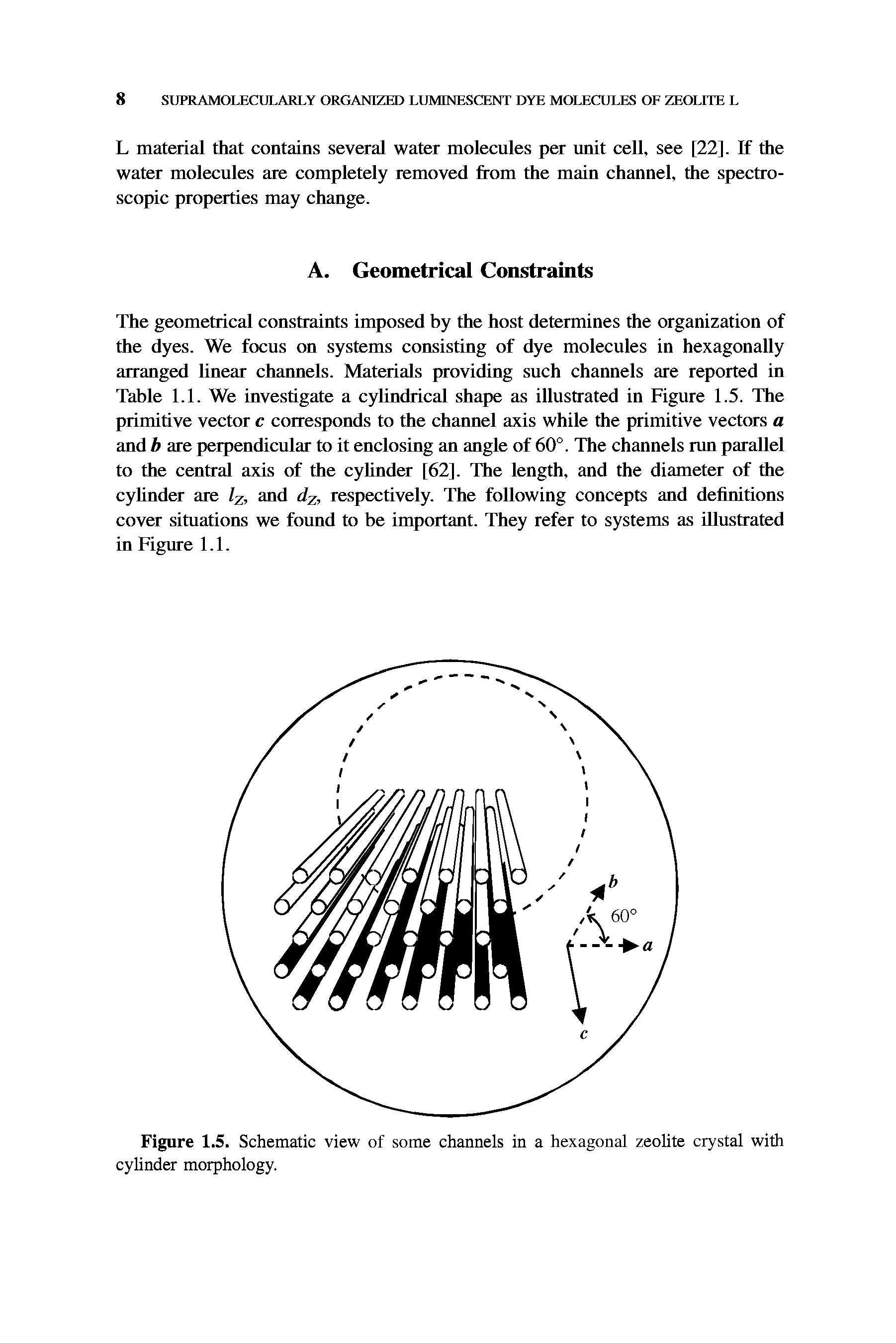 Figure 1.5. Schematic view of some channels in a hexagonal zeolite crystal with cylinder morphology.