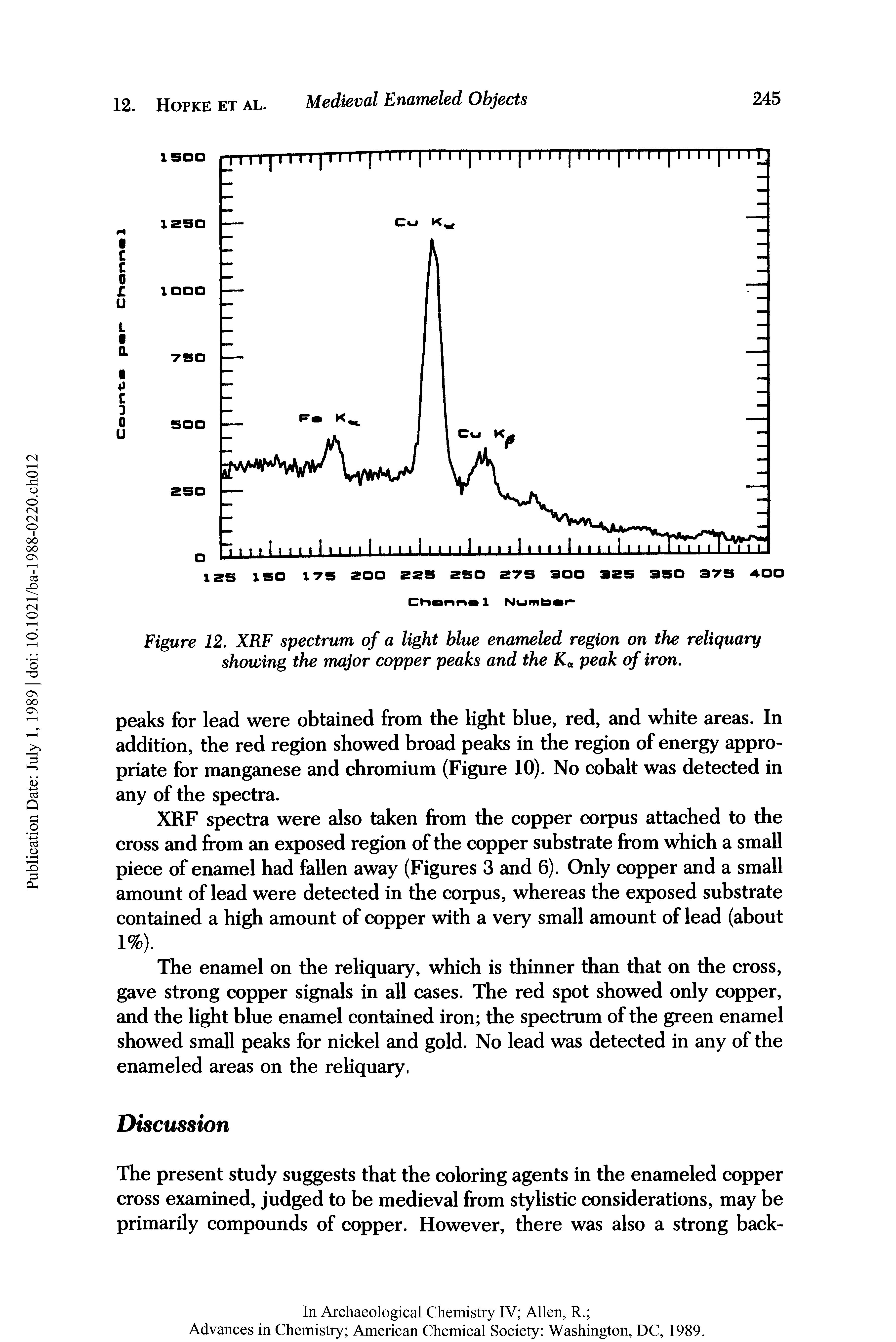 Figure 12, XRF spectrum of a light blue enameled region on the reliquary showing the major copper peaks and the Ka peak of iron.