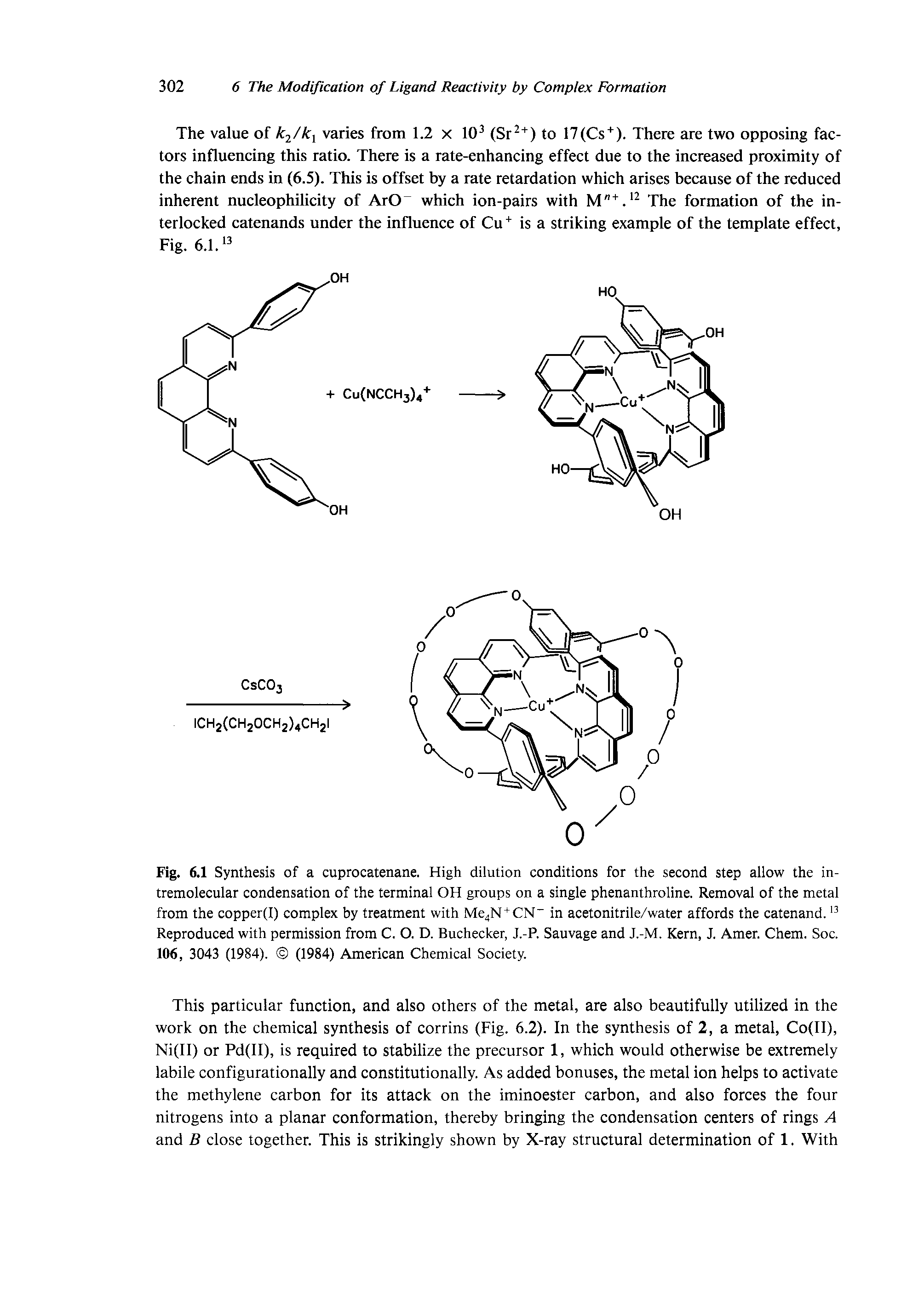 Fig. 6.1 Synthesis of a cuprocatenane. High dilution conditions for the second step allow the in-tremolecular condensation of the terminal OH groups on a single phenanthroline. Removal of the metal from the copper(I) complex by treatment with Me4N + CN in acetonitrile/water affords the catenand. Reproduced with permission from C. O. D. Buchecker, J.-P. Sauvage and J.-M. Kern, J. Amer. Chem. Soc. 106, 3043 (1984). (1984) American Chemical Society.