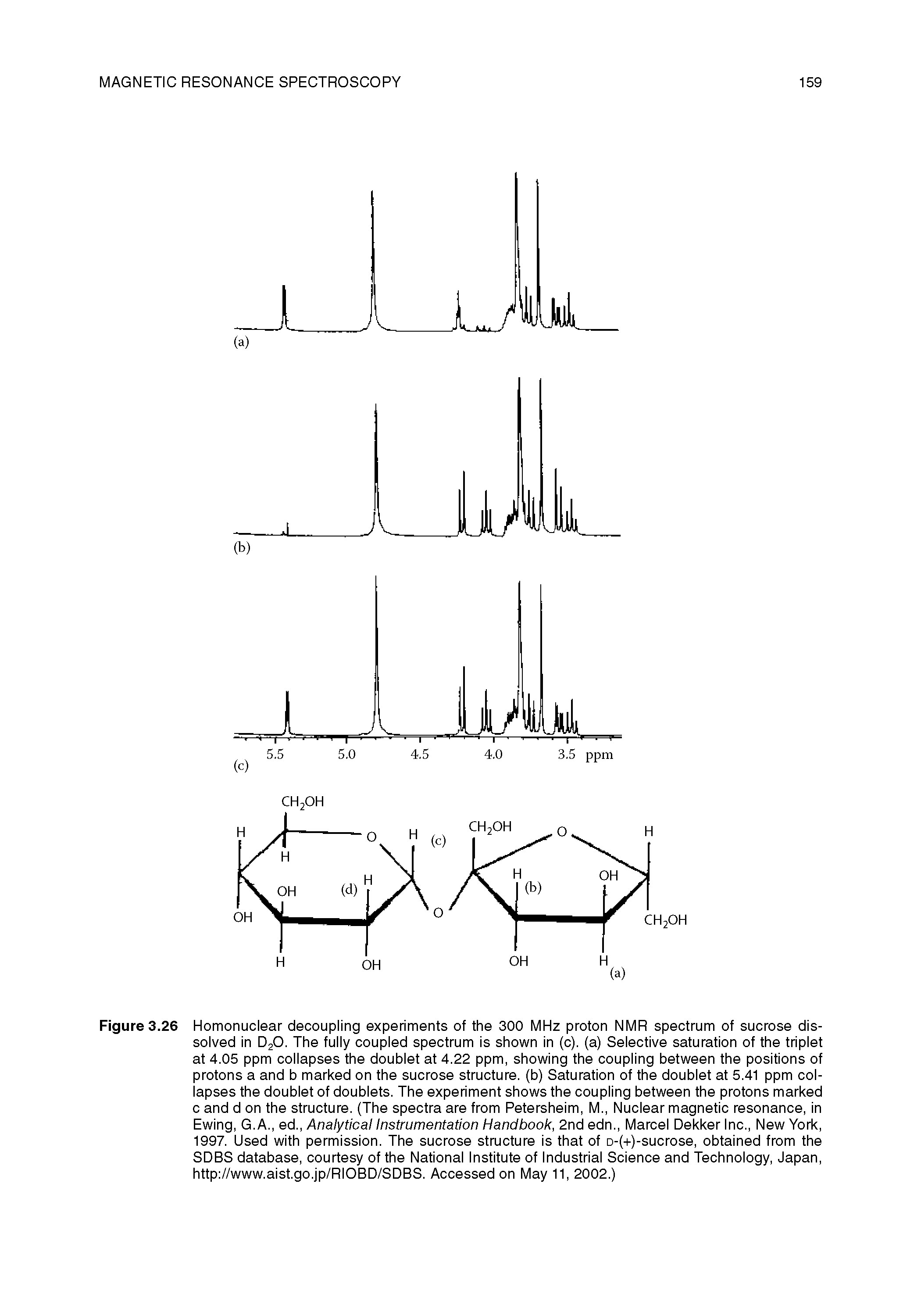 Figure 3.26 Homonuclear decoupling experiments of the 300 MHz proton NMR spectrum of sucrose dissolved in DjO. The fully coupled spectrum is shown in (c). (a) Selective saturation of the triplet at 4.05 ppm collapses the doublet at 4.22 ppm, showing the coupling between the positions of protons a and b marked on the sucrose structure, (b) Saturation of the doublet at 5.41 ppm collapses the doublet of doublets. The experiment shows the coupling between the protons marked c and d on the structure. (The spectra are from Petersheim, M., Nuclear magnetic resonance, in Ewing, G.A., ed.. Analytical Instrumentation Handbook, 2nd edn., Marcel Dekker Inc., New York, 1997. Used with permission. The sucrose structure is that of D-(-r)-sucrose, obtained from the SDBS database, courtesy of the National Institute of Industrial Science and Technology, Japan, http //www.aist.go.jp/RICBD/SDBS. Accessed on May 11, 2002.)...