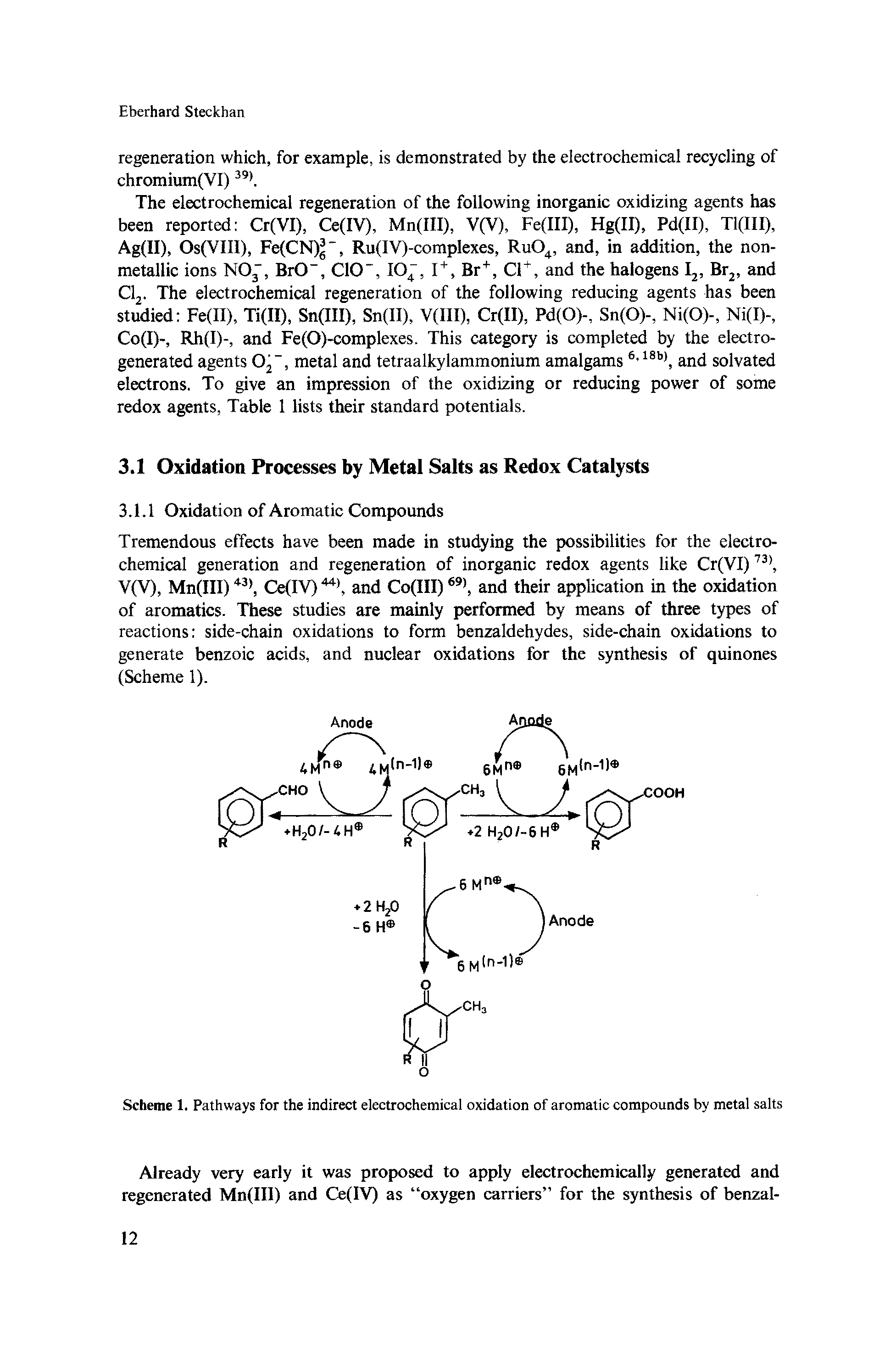 Scheme 1. Pathways for the indirect electrochemical oxidation of aromatic compounds by metal salts...