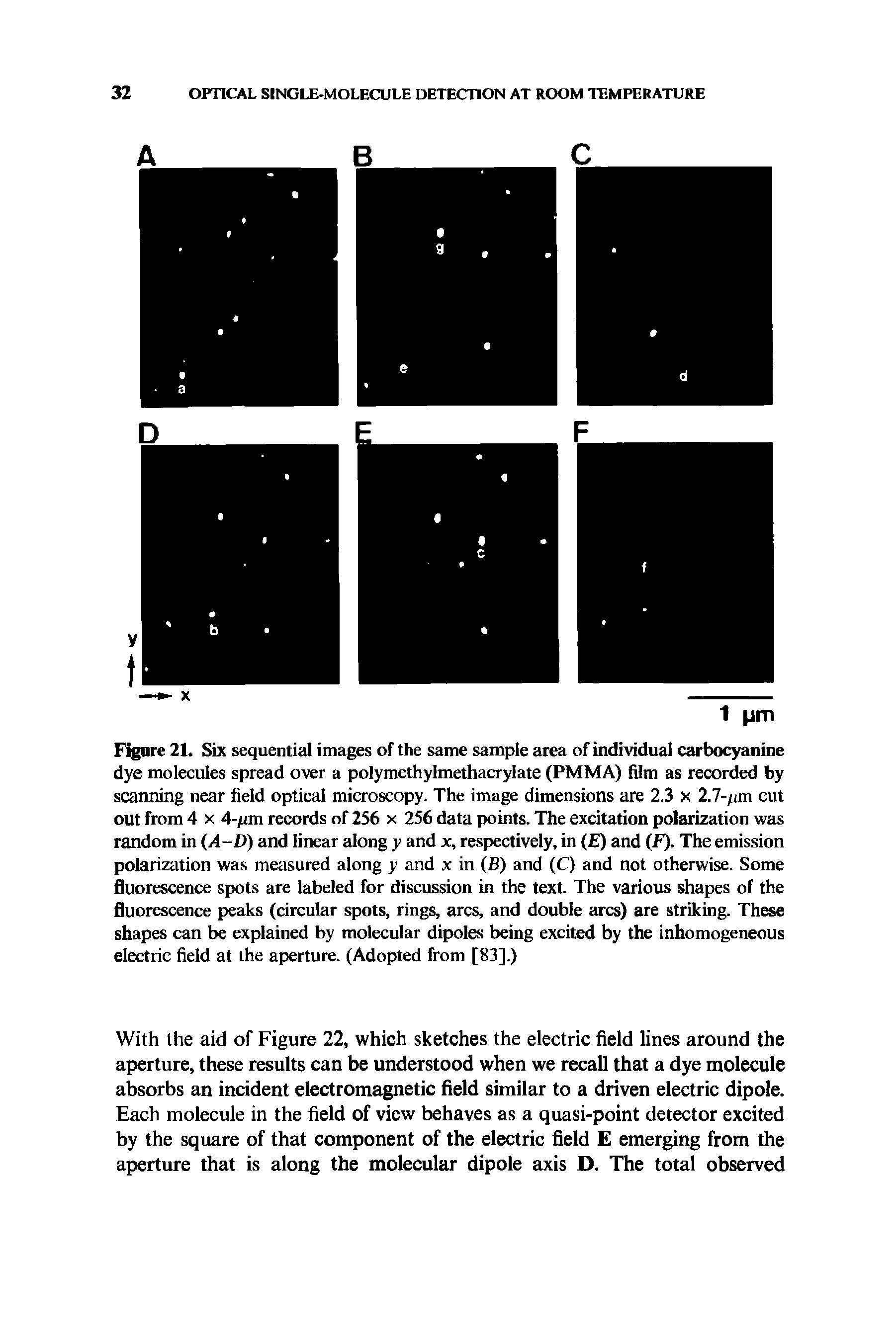 Figure 21. Six sequential images of the same sample area of individual carbocyanine dye molecules spread over a polymethylmethacrylate (PMMA) film as recorded by scanning near field optical microscopy. The image dimensions are 2.3 x 2.7-/nn cut out from 4 x 4-fim records of 256 x 256 data points. The excitation polarization was random in (A-D) and linear along y and x, respectively, in ( ) and (F). The emission polarization was measured along y and x in (B) and (C) and not otherwise. Some fluorescence spots are labeled for discussion in the text. The various shapes of the fluorescence peaks (circular spots, rings, arcs, and double arcs) are striking. These shapes can be explained by molecular dipoles being excited by the inhomogeneous electric field at the aperture. (Adopted from [83].)...